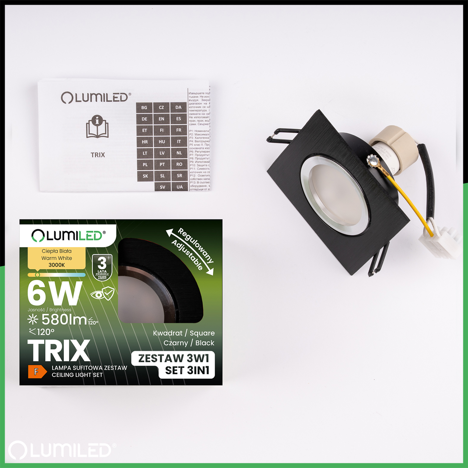 Oprawa Halogenowa Podtynkowa Kwadratowa Ruchoma TRIX 3w1 GU10 6W 3000K Czarny LUMILED - skład produktu