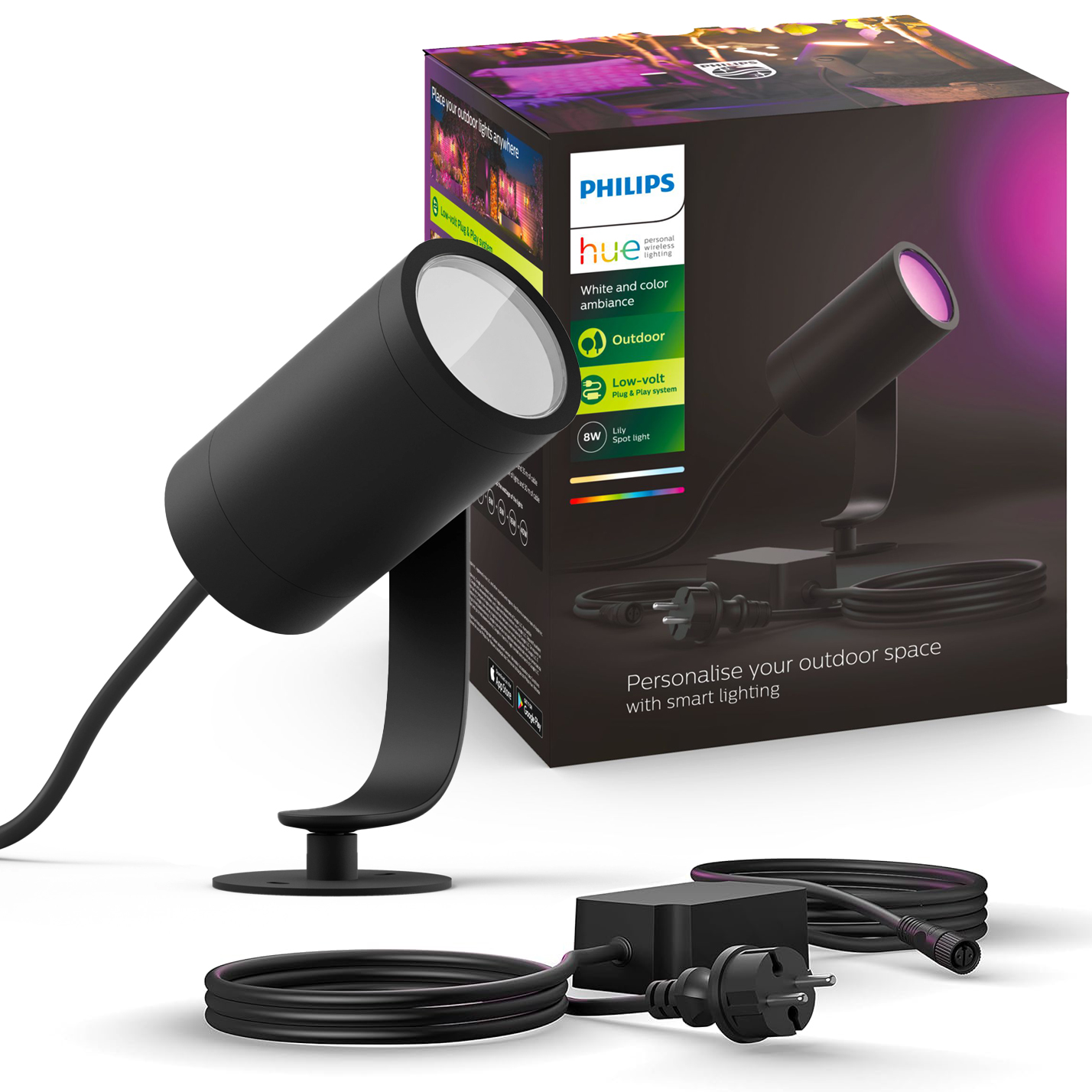 Reflektor Ogrodowy Wbijany LED 8W 590lm IP65 White and Color Ambiance RGB + TW Czarna Inteligentna SMART Zigbee Bluetooth Lily Philips HUE - główne zdjęcie produktu