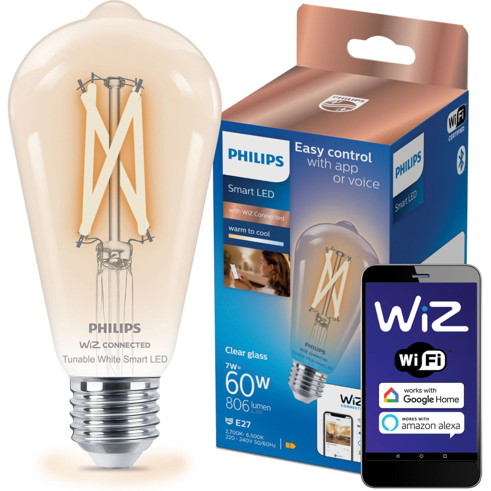 Żarówka LED E27 Edison ST64 7W = 60W 806lm 2700-6500K TW FILAMENT Inteligentna SMART WiFi Bluetooth Aplikacja WiZ Philips - główne zdjęcie produktu