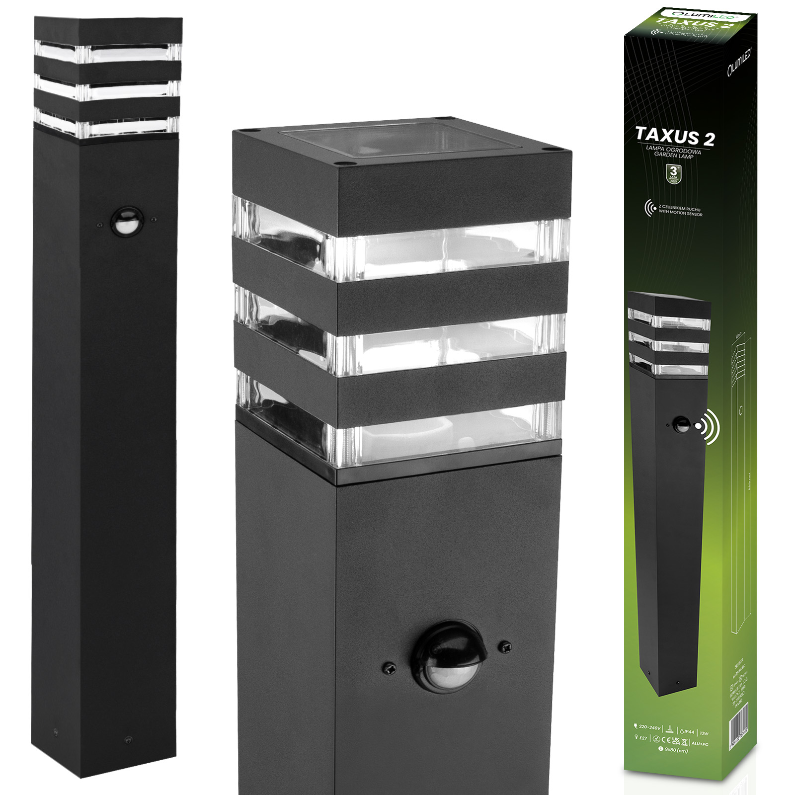 Lampa Ogrodowa Słupek Zewnętrzny Stojący E27 LED Czujnik Ruchu TAXUS 2 80cm LUMILED - główne zdjęcie produktu