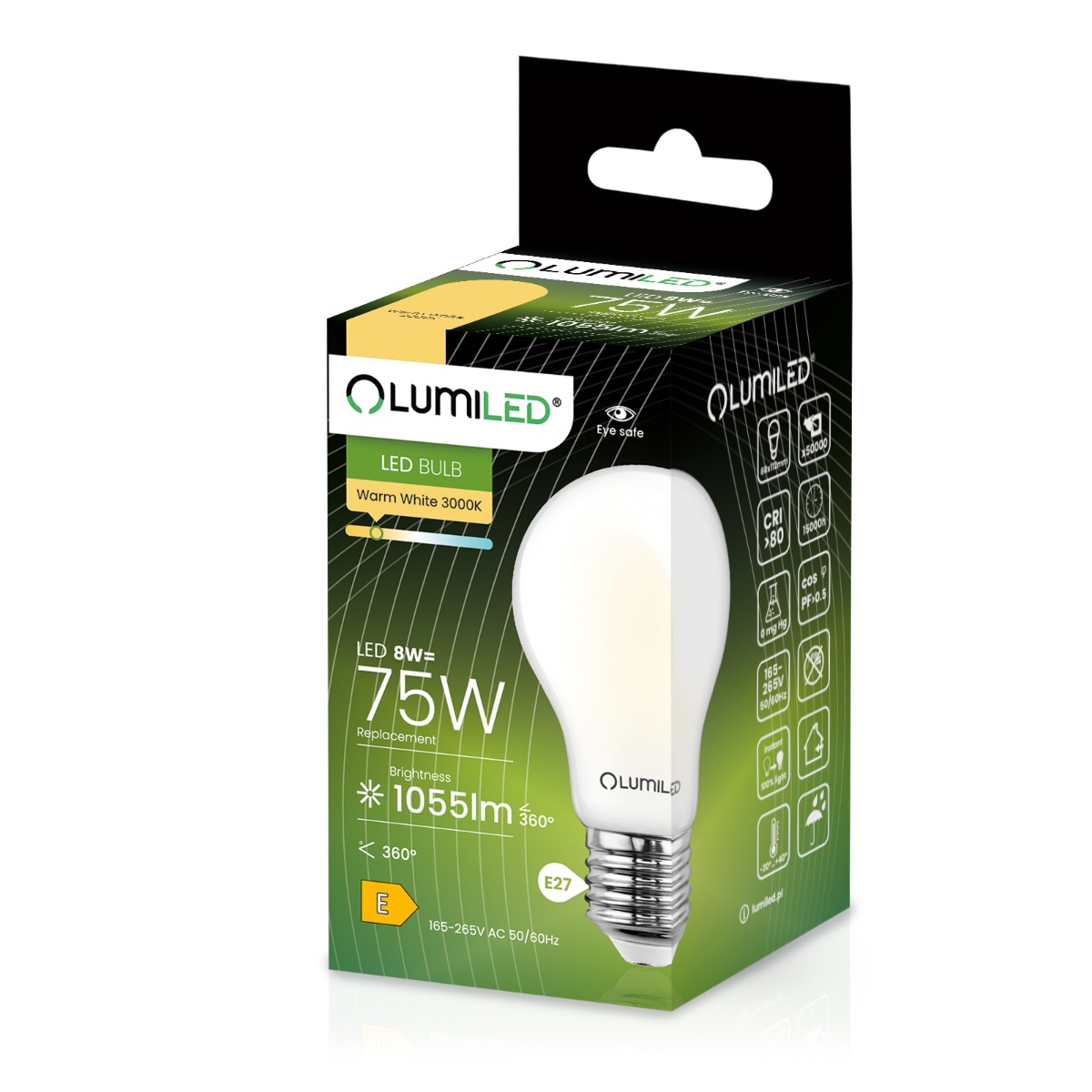 Żarówka LED E27 A60 8W = 75W 1055lm 4000K Neutralna 360° FILAMENT LUMILED - druga cecha produktu