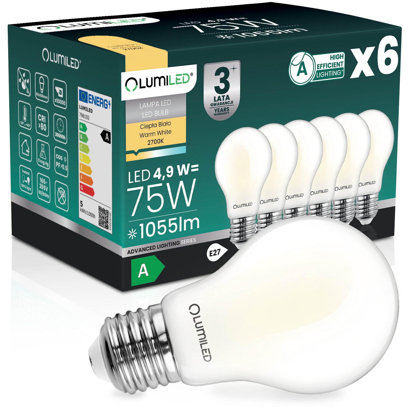 6x Żarówka LED E27 A60 4,9W 1055lm = 75W 2700K Ciepła 360° Filament KLASA A LUMILED - główne zdjęcie produktu