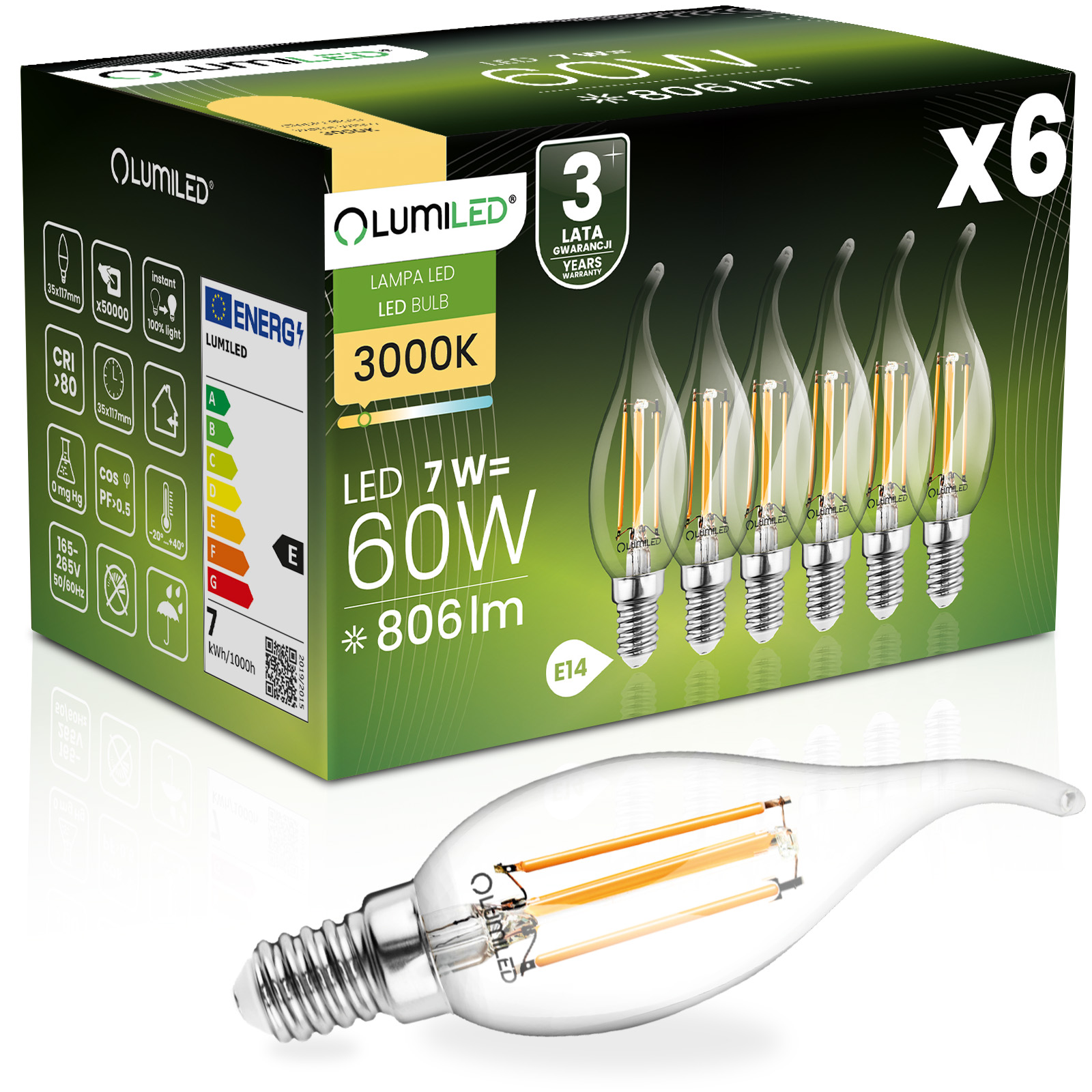 6x Żarówka LED E14 Świeczka BA35 7W = 60W 806lm 3000K Ciepła 360° FILAMENT LUMILED - główne zdjęcie produktu