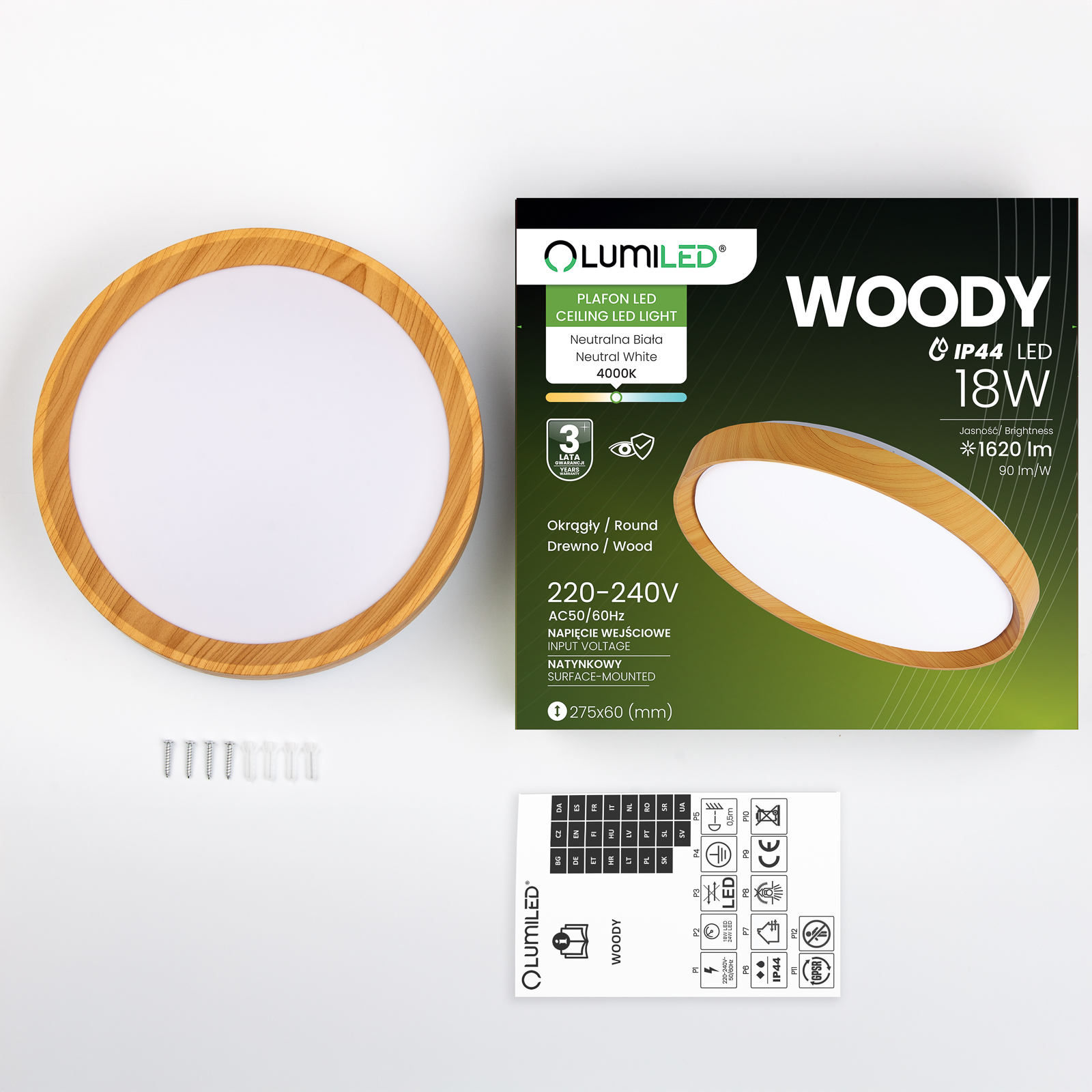 Plafon LED Panel Natynkowy Lampa Sufitowa Oprawa WOODY 18W 4000K Okrągły IP44 27cm LUMILED - skład produktu