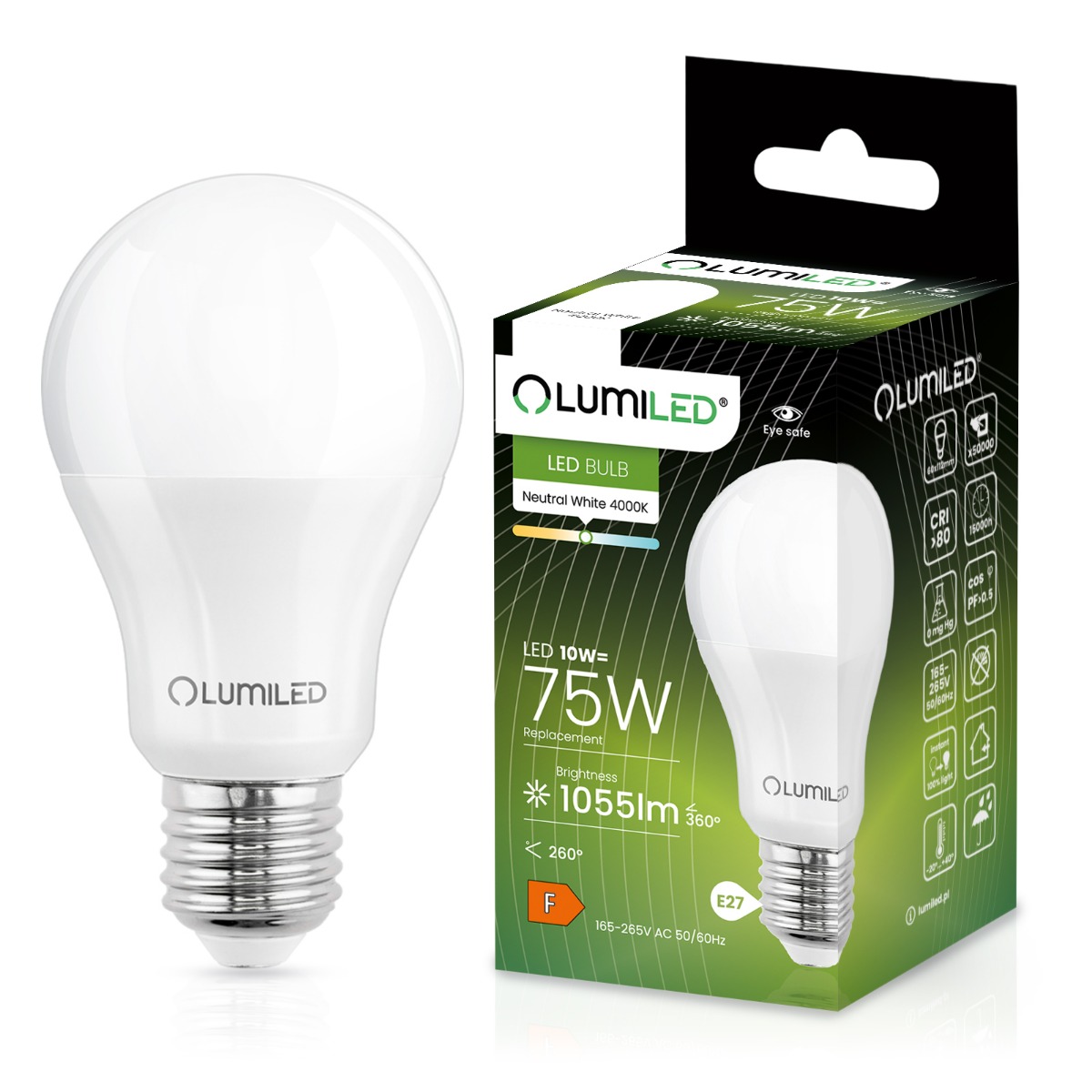 Żarówka LED E27 A60 10W = 75W 1055lm 4000K Neutralna 260° LUMILED - główne zdjęcie produktu