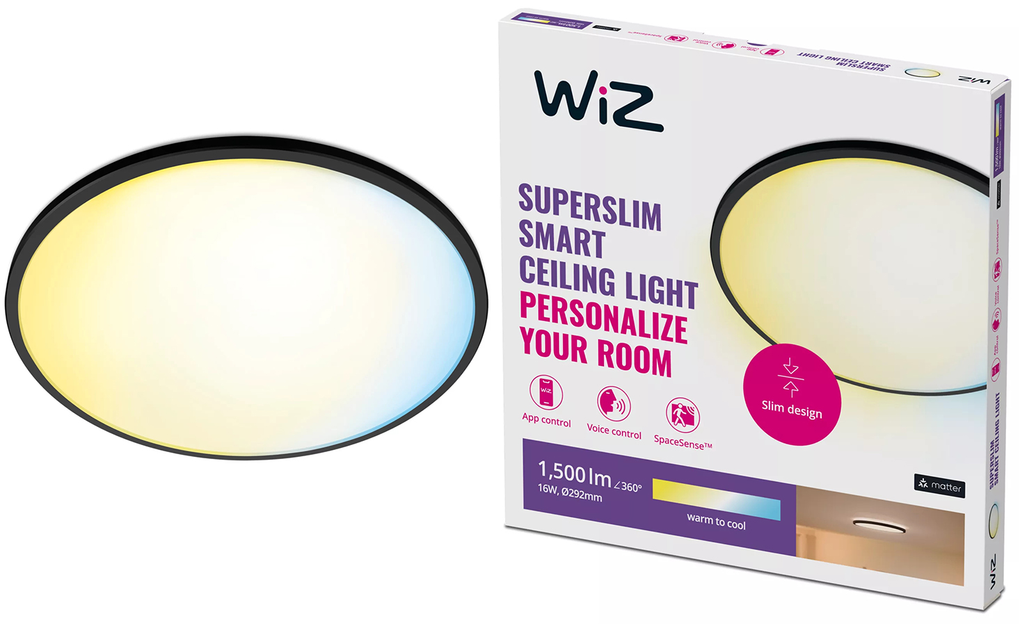 Plafon LED Lampa Sufitowa Natynkowa 16W 1500lm 2700-6500K TW 29.2cm Czarna Okrągła Inteligentna SMART WiFi Bluetooth Aplikacja Superslim WiZ - główne zdjęcie produktu
