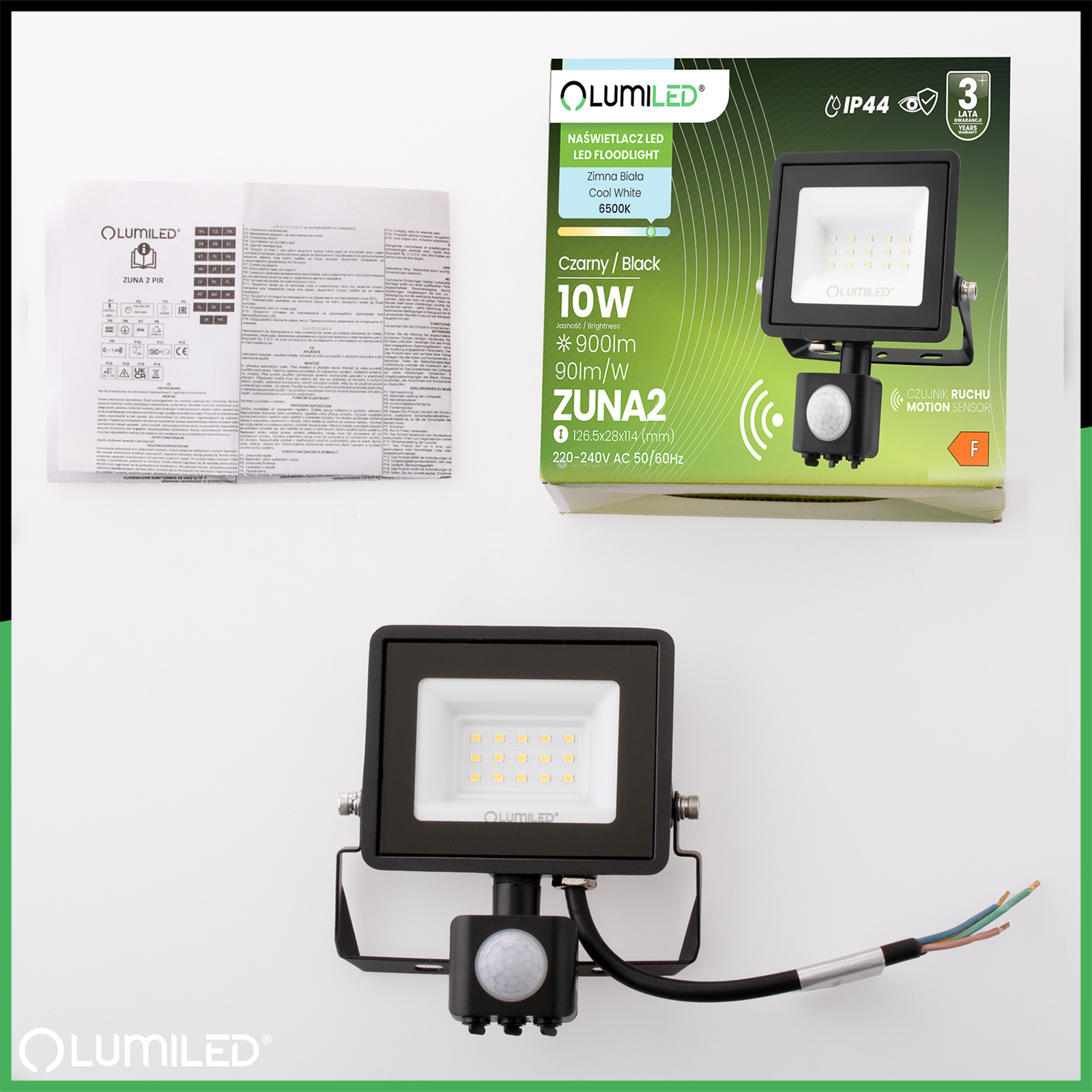 Naświetlacz LED ZUNA2 10W 900lm 6500K IP44 Czarny Czujnik Ruchu LUMILED - skład produktu