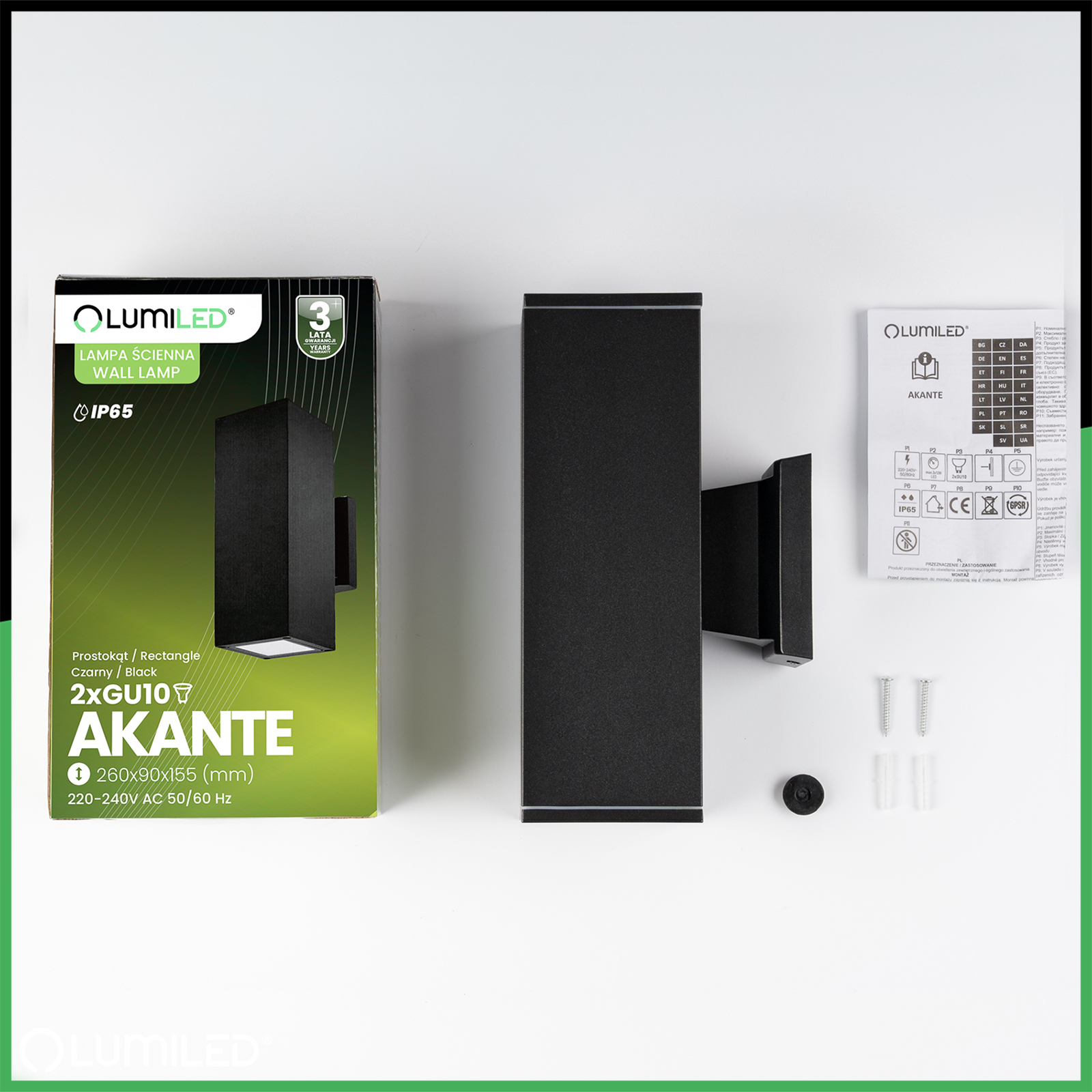 Lampa Ogrodowa Zewnętrzna Kinkiet Elewacyjny GU10 LED IP65 AKANTE LUMILED - skład produktu