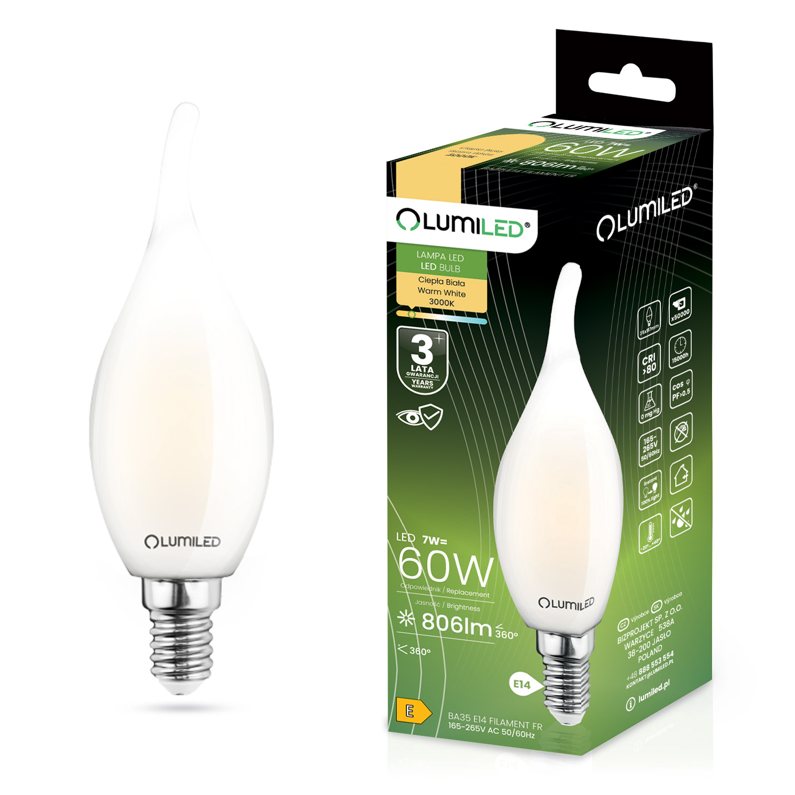 Żarówka LED E14 Świeczka BA35 7W = 60W 806lm 3000K Ciepła 360° LUMILED - główne zdjęcie produktu