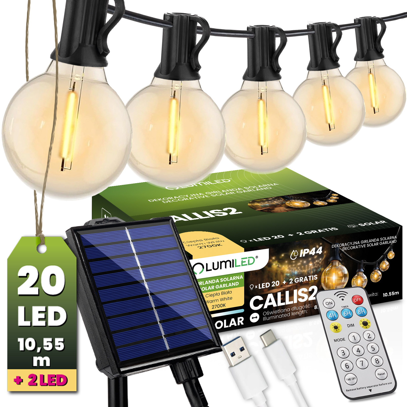 Girlanda Solarna Ogrodowa 20x LED Ozdobne Kuleczki 10,55m 2700K Ciepła + Pilot CALLIS2 LUMILED - główne zdjęcie produktu