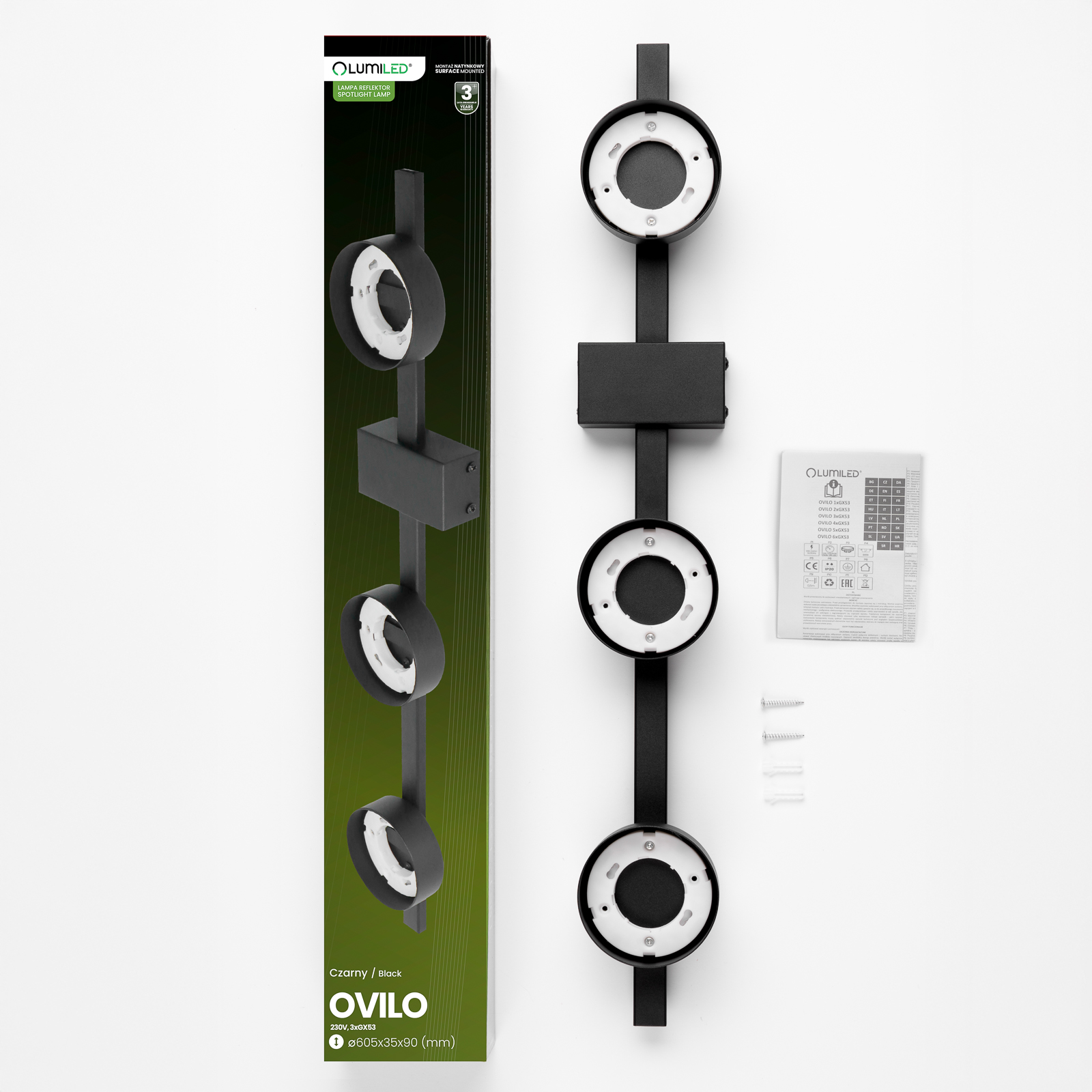 Lampa Sufitowa OVILO Oprawa Halogenowa LED 3x GX53 Spot Kinkiet Reflektor Ścienna LUMILED - skład produktu