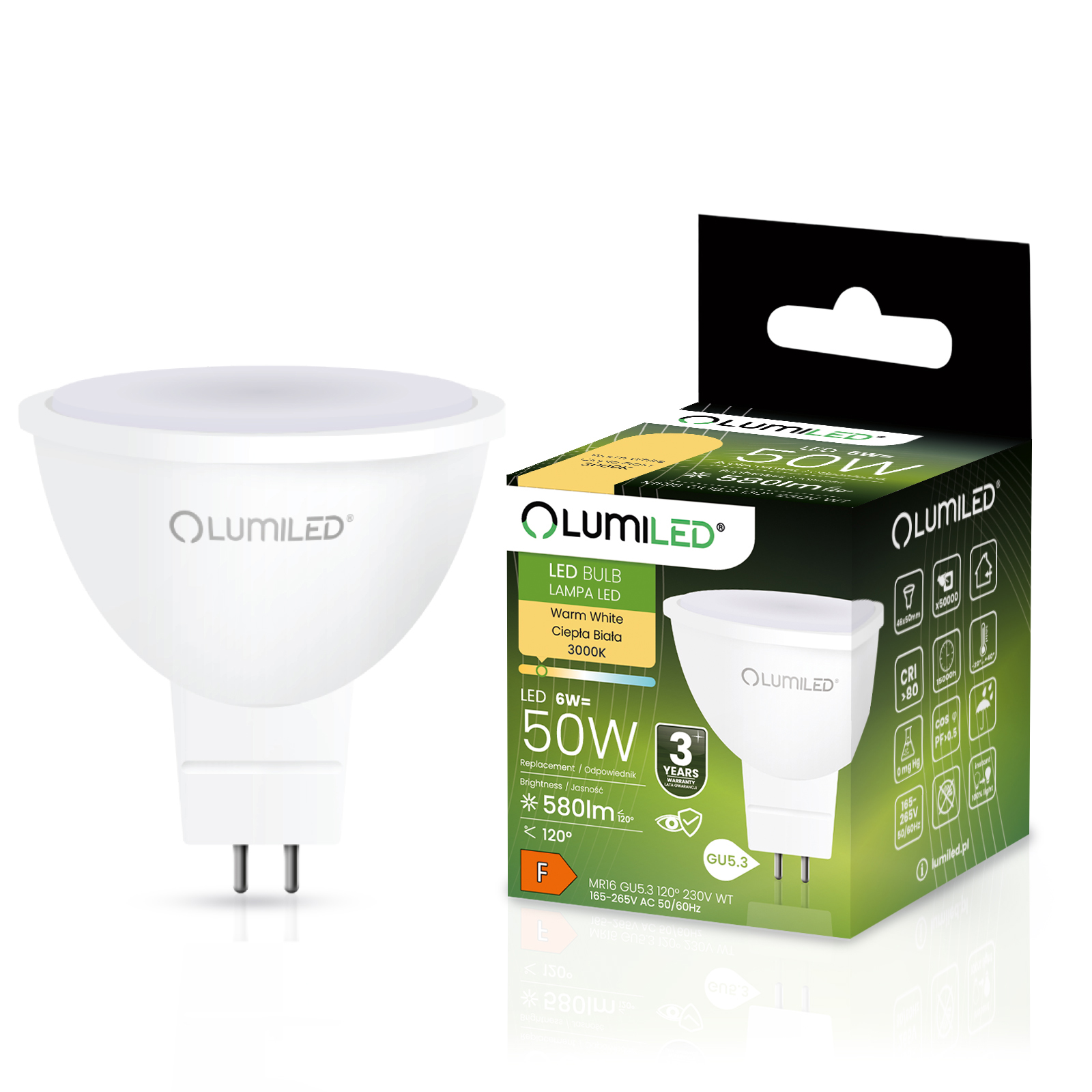 Żarówka LED GU5.3 Reflektor MR16 6W = 50W 580lm 3000K Ciepła 120° LUMILED - główne zdjęcie produktu