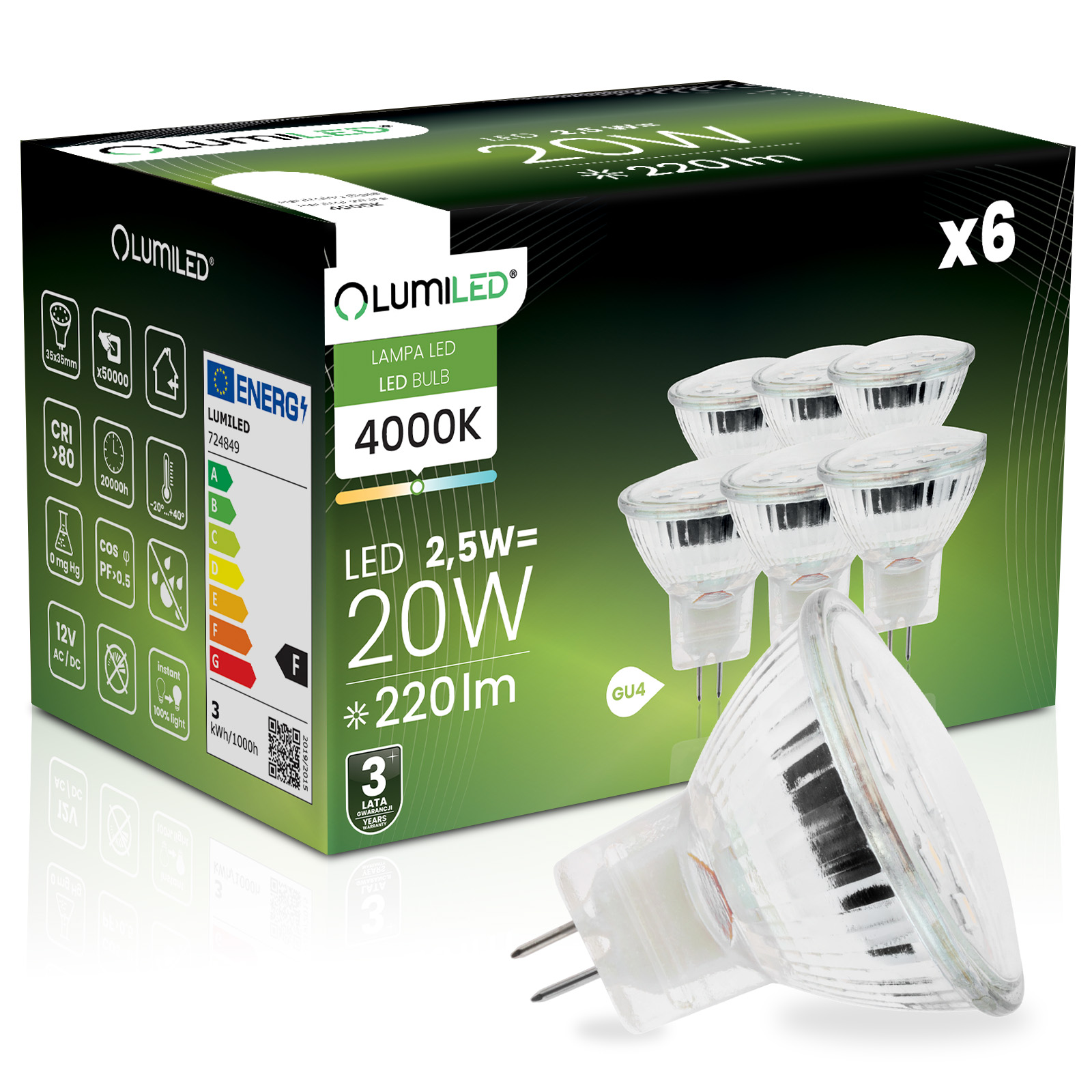 6x Żarówka LED GU4 Reflektor MR11 2,5W = 20W 220lm 4000K Neutralna 120° 12V LUMILED - główne zdjęcie produktu