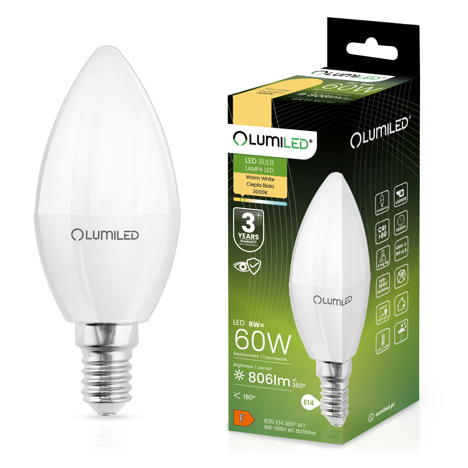 Żarówka LED E14 Świeczka B35 8W = 60W 806lm 3000K Ciepła 180° LUMILED - główne zdjęcie produktu