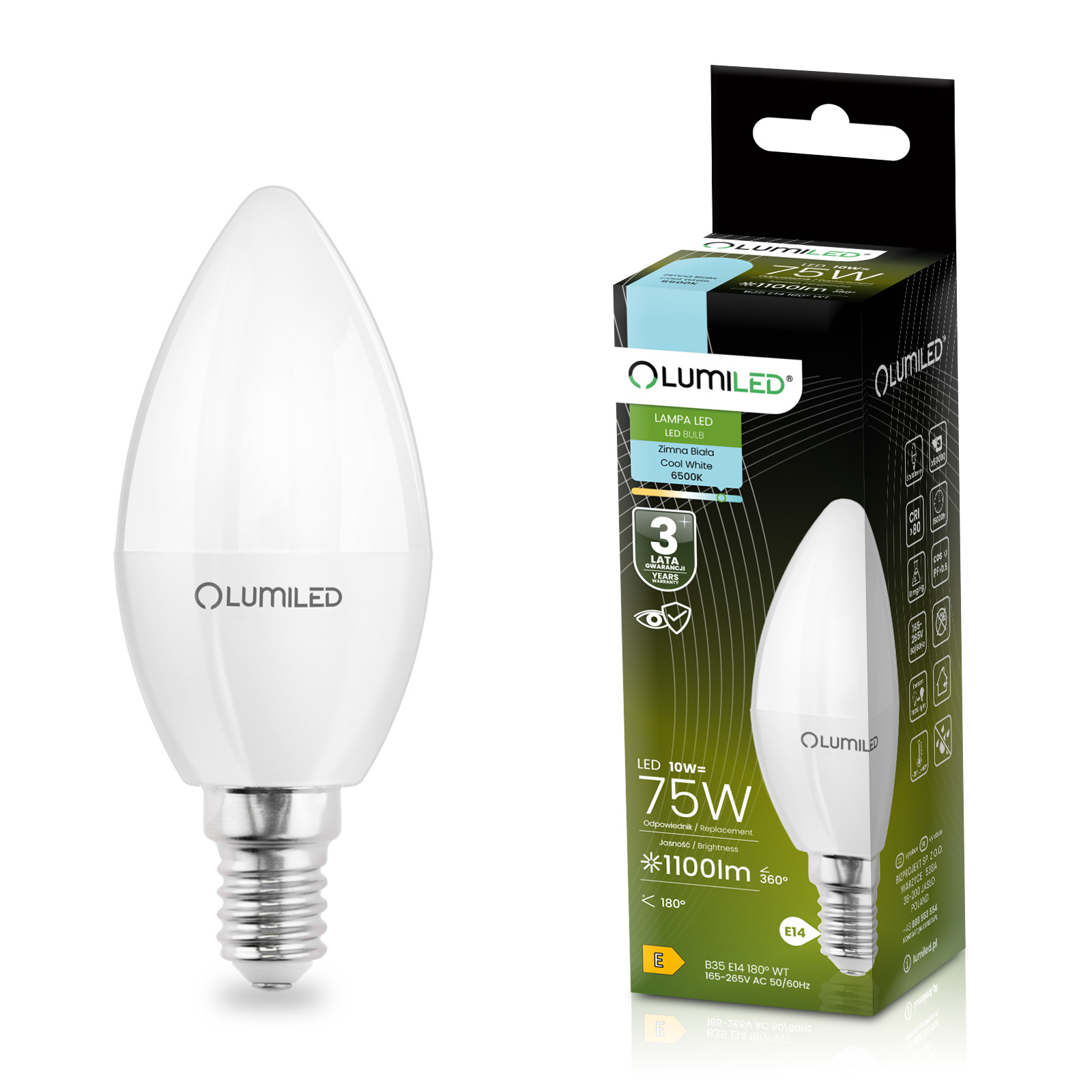 Żarówka LED E14 Świeczka B35 10W = 75W 1100lm 6500K Zimna 180° LUMILED - główne zdjęcie produktu
