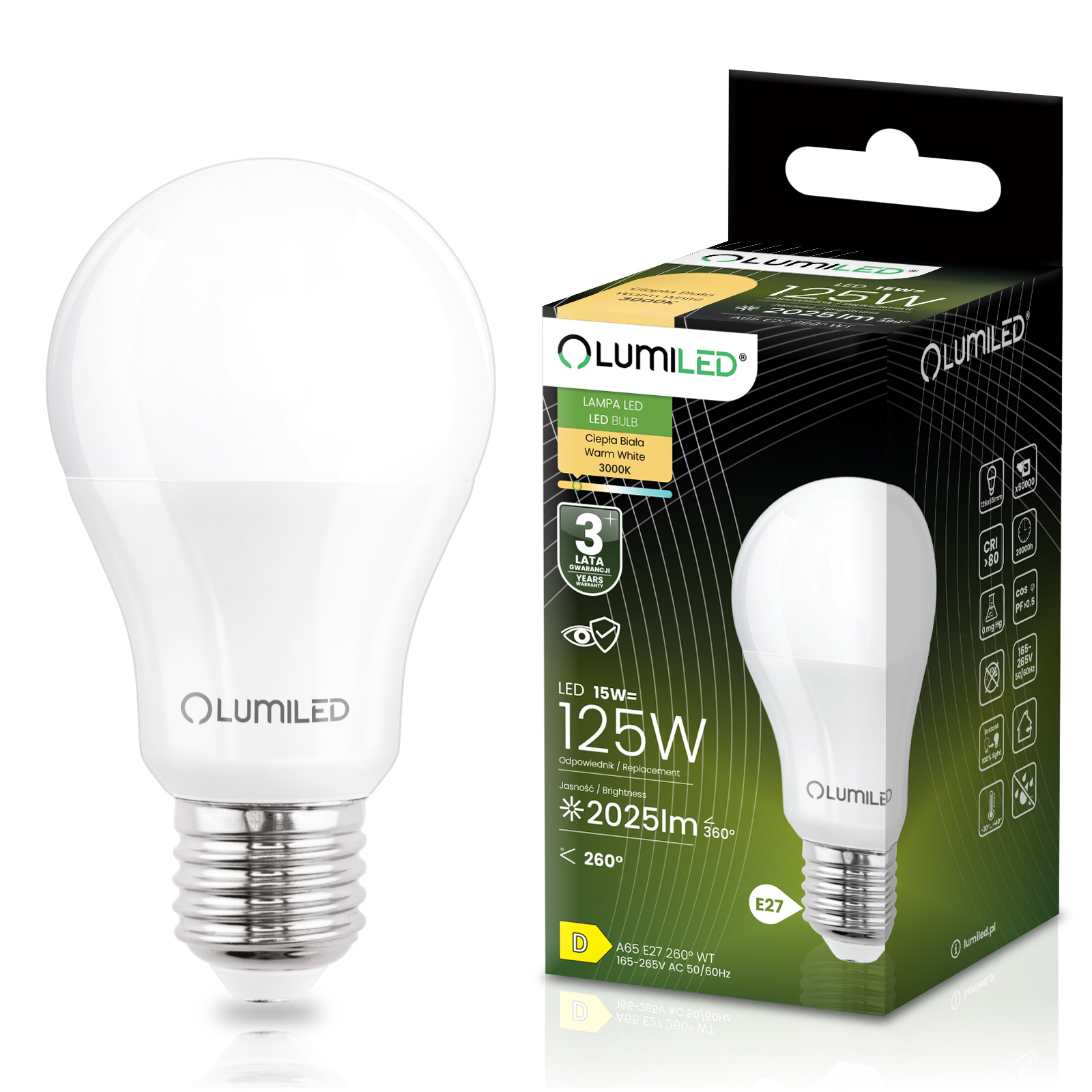 Żarówka LED E27 A65 15W = 125W 2025lm 3000K Ciepła 260° LUMILED - główne zdjęcie produktu
