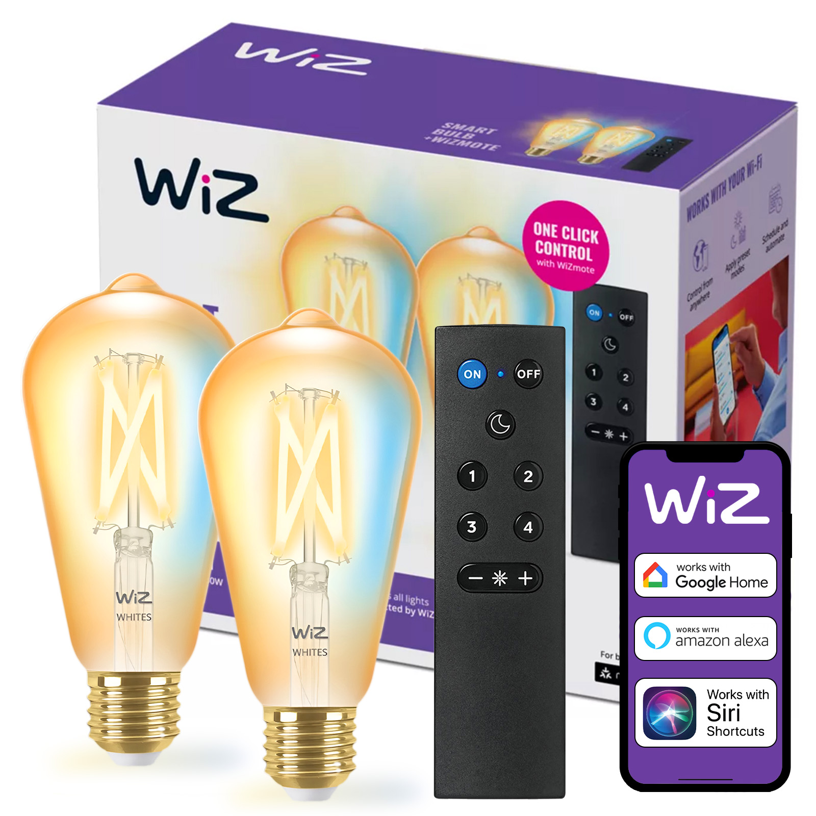 2x Żarówka LED E27 Edison ST64 7W = 50W 640lm 2000-5000K TW FILAMENT Bursztynowa Inteligentna SMART WiFi Bluetooth Aplikacja WiZ + Pilot Sterujący - główne zdjęcie produktu
