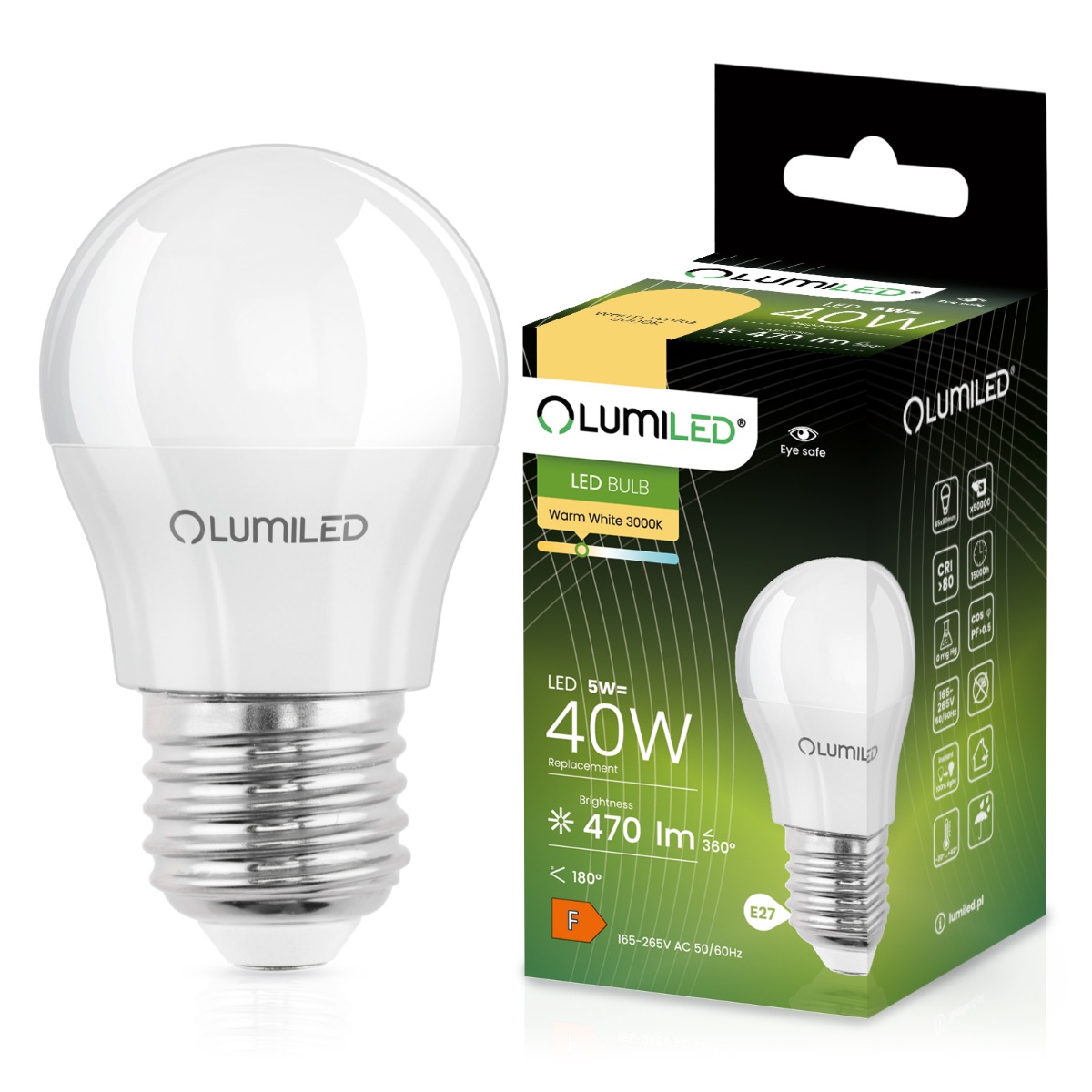 Żarówka LED E27 Kulka P45 5W = 40W 470lm 3000K Ciepła 180° LUMILED - główne zdjęcie produktu