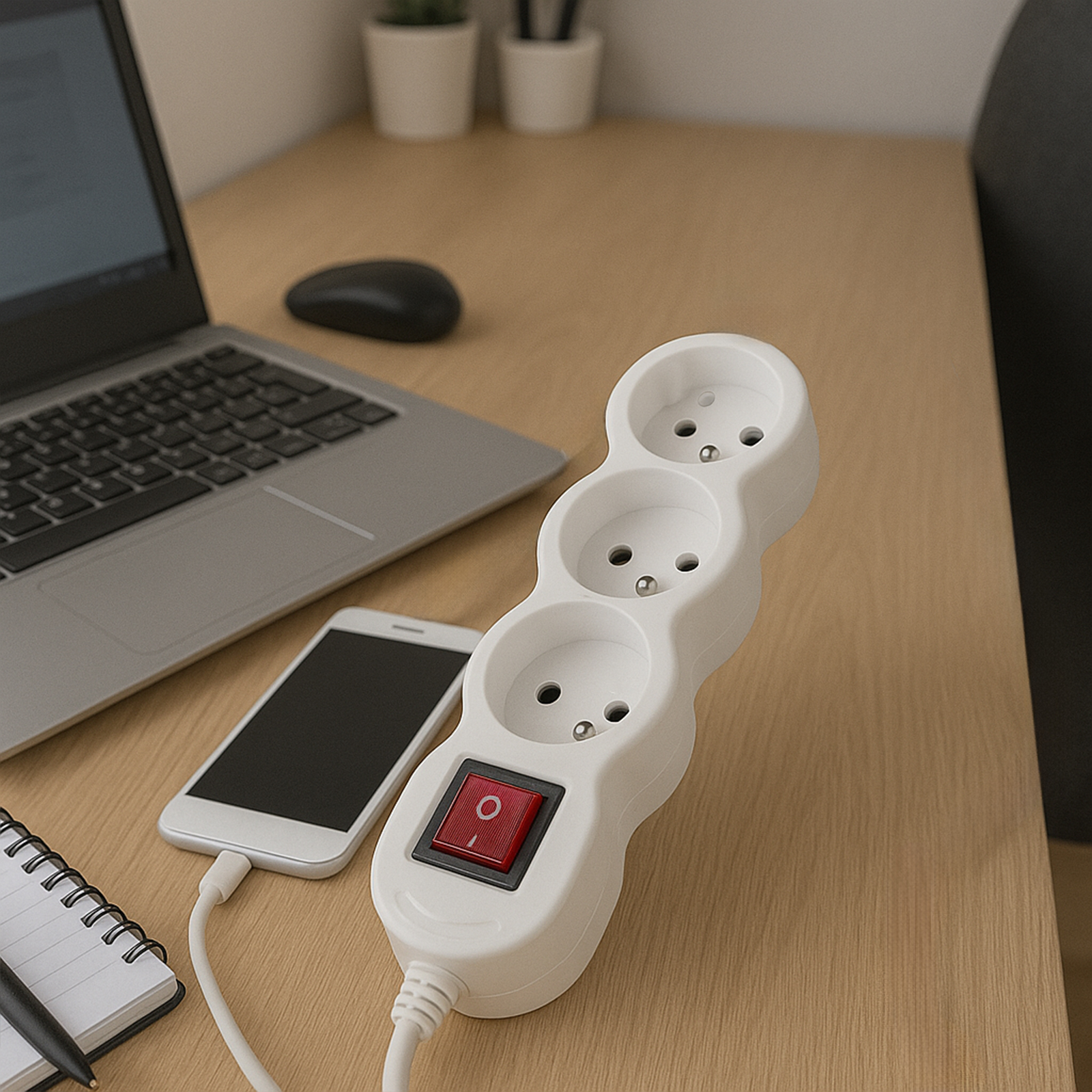 Przedłużacz Sieciowy Kabel z Uziemieniem Listwa Zasilająca 3 Gniazda 3m Włącznik ON/OFF Biały Sznur Lendo Lumiled - aranżacja