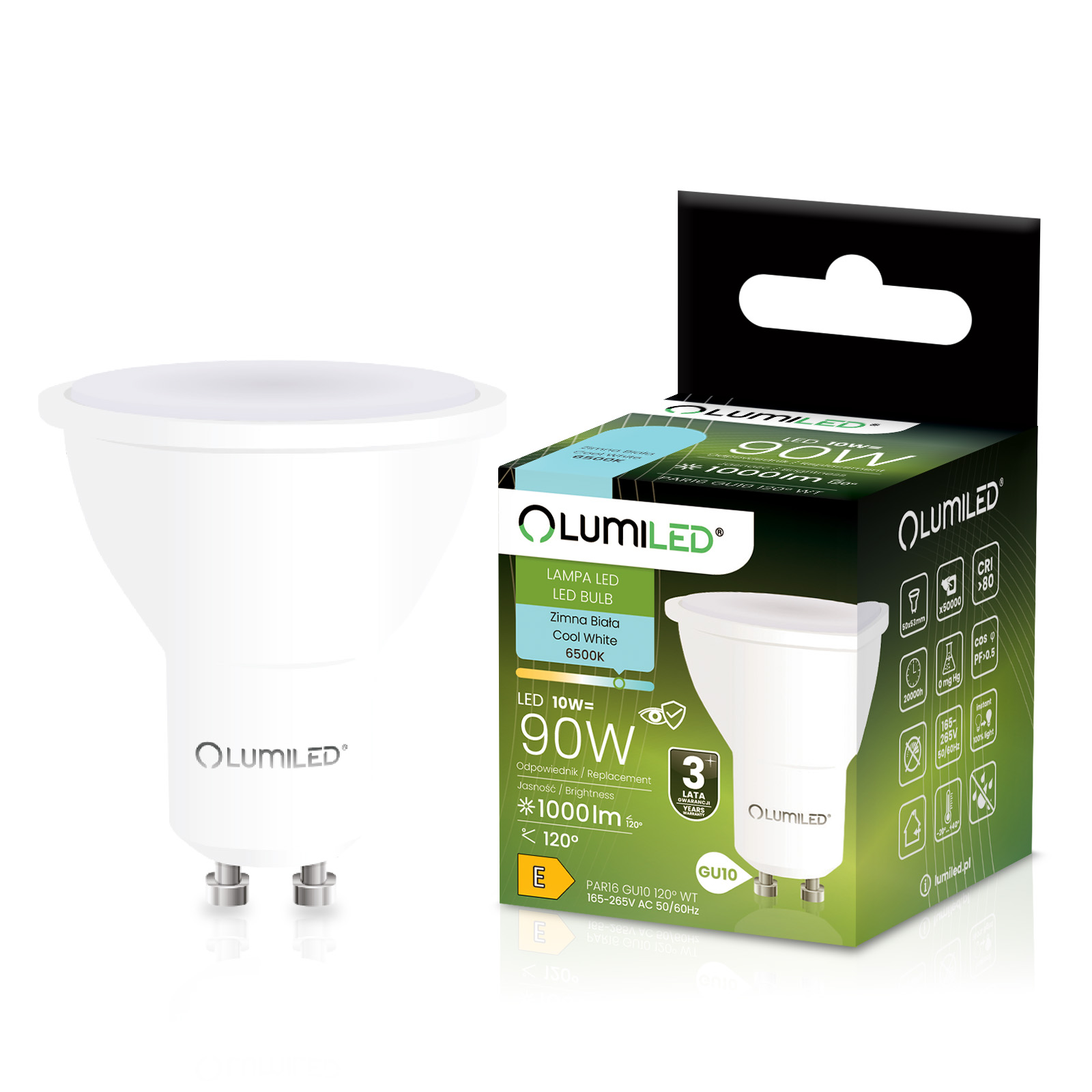 Żarówka LED GU10 Reflektor PAR16 10W = 90W 1000lm 6500K Zimna 120° LUMILED - główne zdjęcie produktu