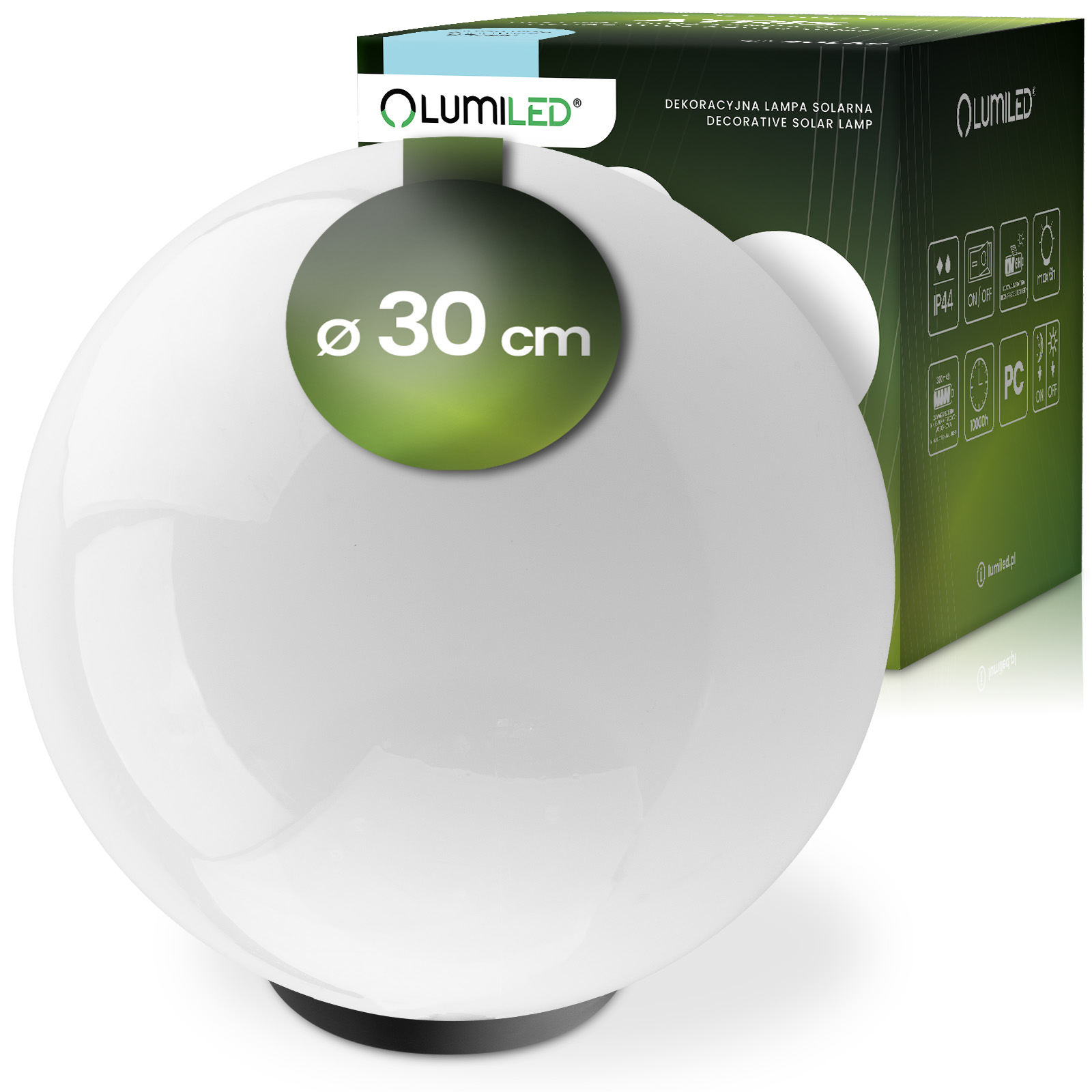Lampa Solarna Ogrodowa LED 6500K IP44 30cm Wbijana Biała Kulka ATRIS LUMILED - główne zdjęcie produktu