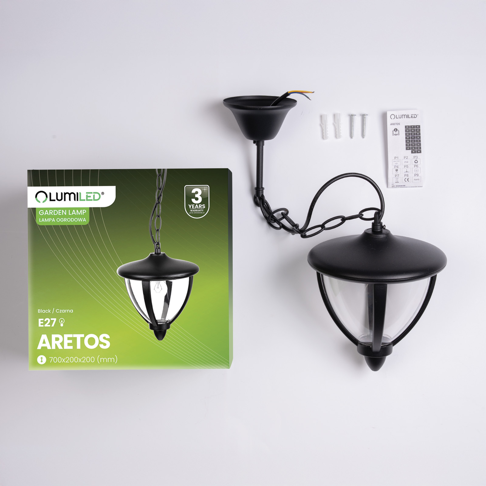 Lampa Ogrodowa Wisząca Zewnętrzna E27 LED Latarnia Czarna ARETOS LUMILED - skład produktu