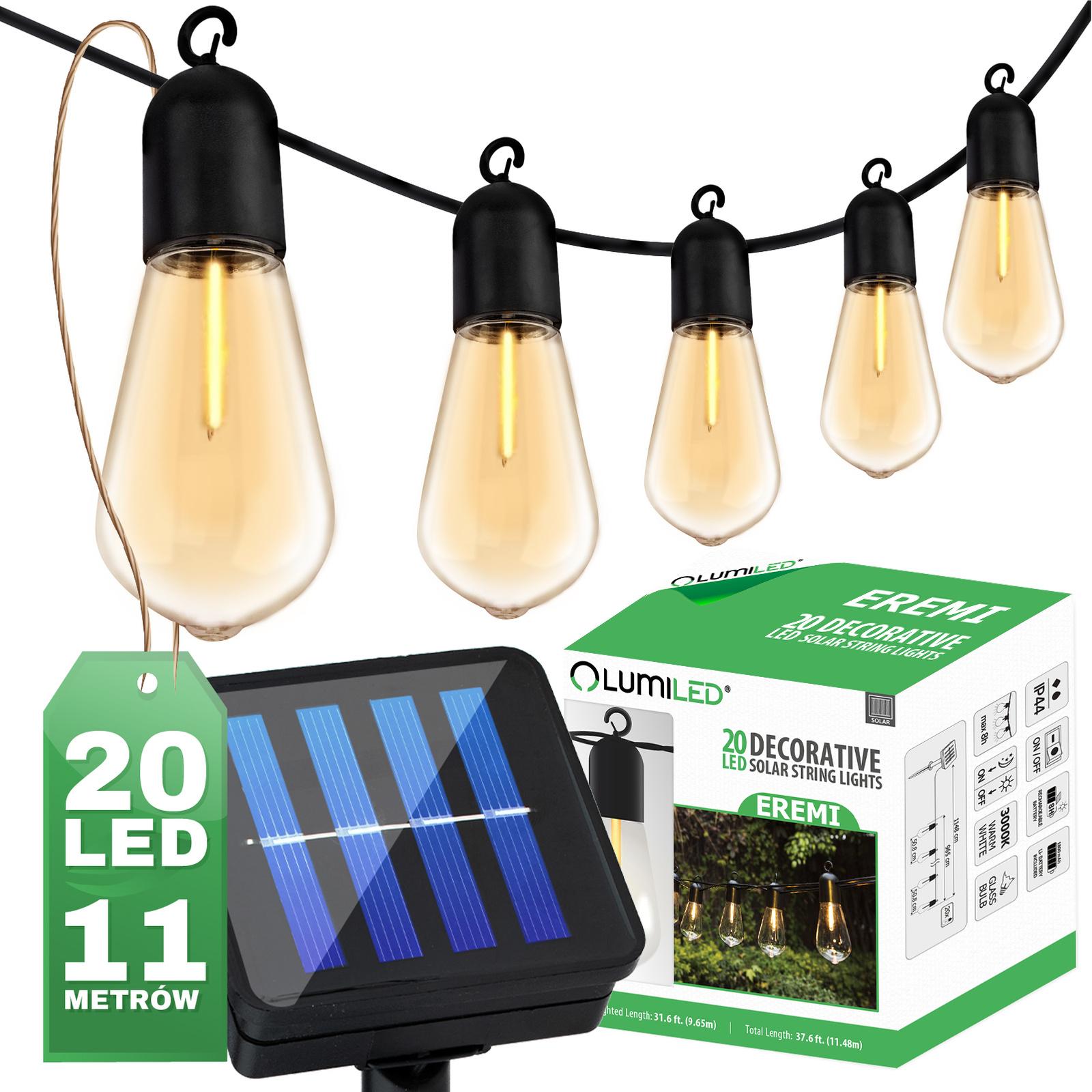 Girlanda Solarna Ogrodowa 20x LED Ozdobne Żarówki EDISON ST58 11,48m Ciepła 3000K EREMI LUMILED - główne zdjęcie produktu