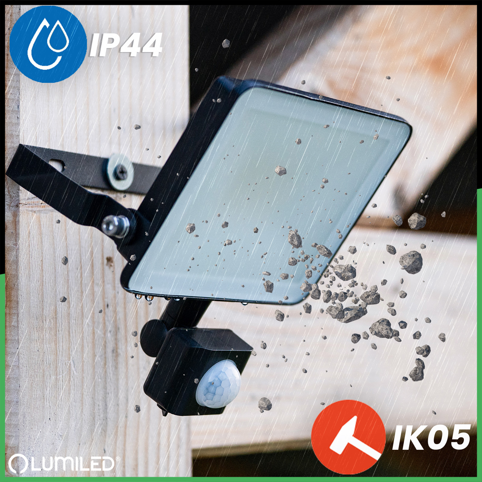 Naświetlacz LED AZZLER 20W 2400lm 4000K IP44 Halogen Zewnętrzny Lampa z Czujnikiem Ruchu Czarny LUMILED - pierwsza cecha produktu