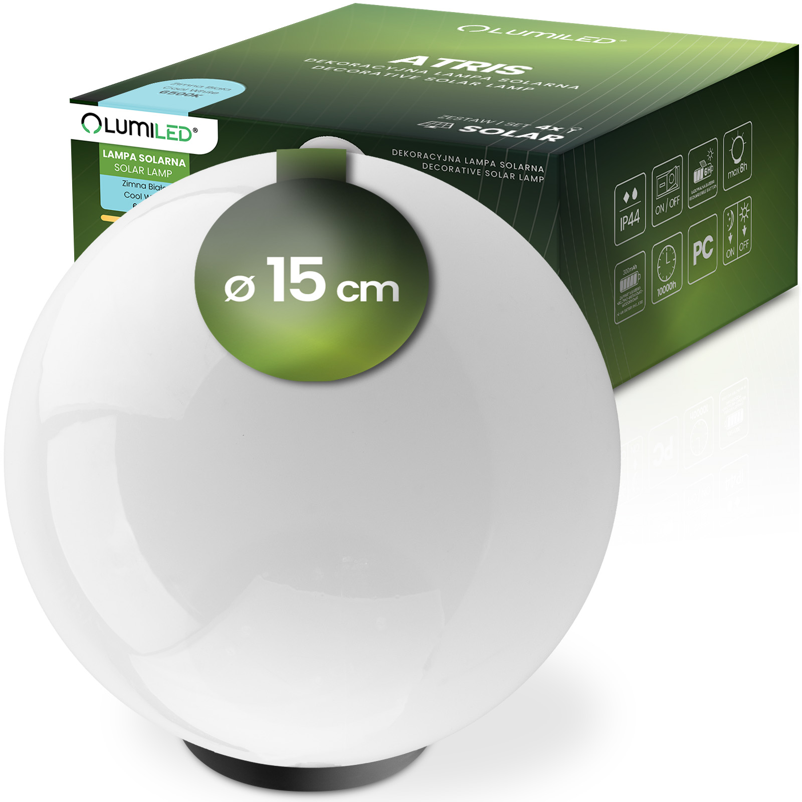Lampa Solarna Ogrodowa LED ATRIS Wbijana Naziemna Biała Kula 15cm LUMILED - główne zdjęcie produktu