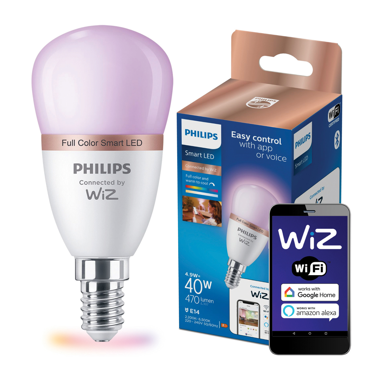 Żarówka LED E14 Kulka P45 4.9W = 40W 470lm 2200-6500K RGB + TW Inteligentna SMART WiFi Bluetooth Aplikacja WiZ Philips - główne zdjęcie produktu