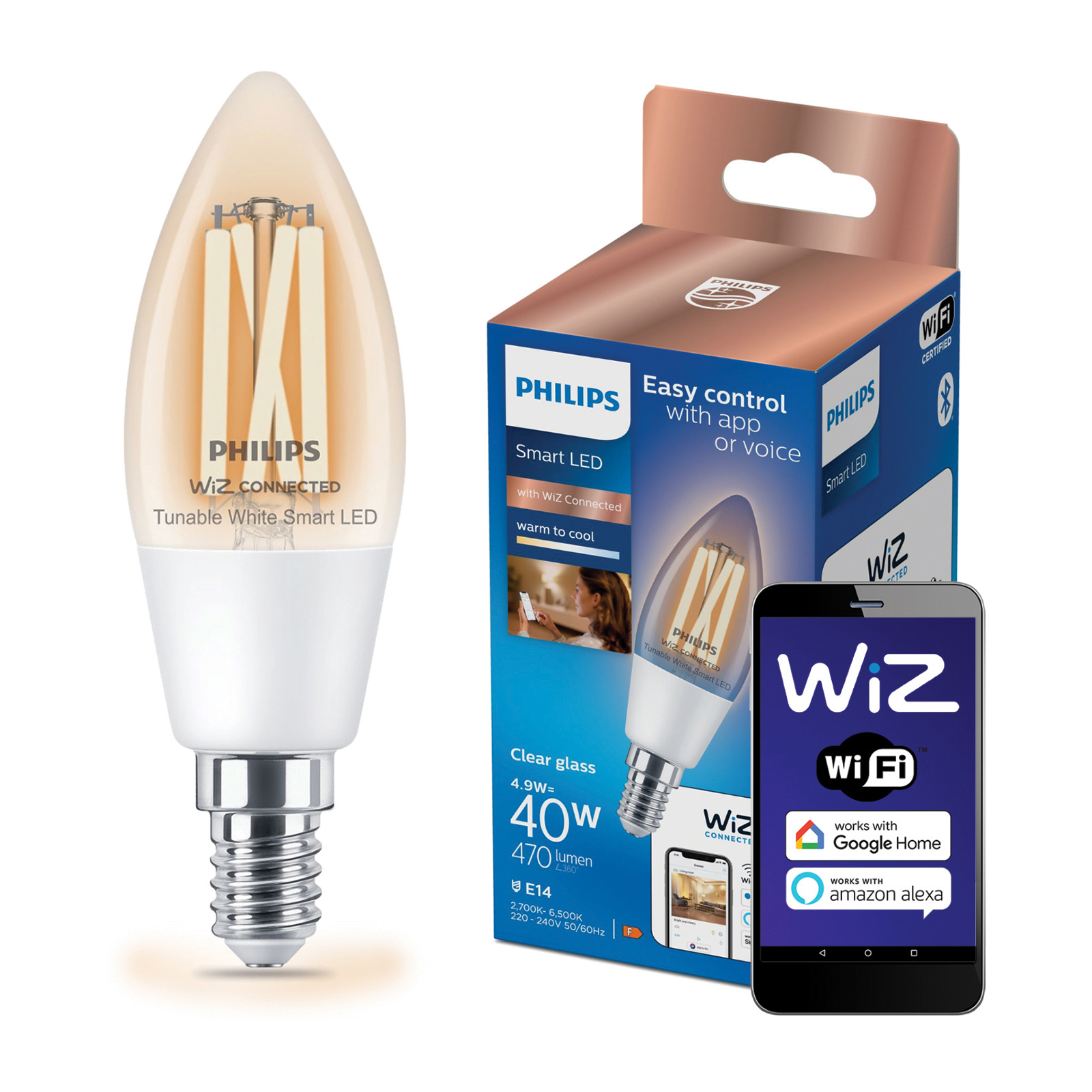 Żarówka LED E14 Świeczka C35 4.9W = 40W 470lm 2700-6500K TW FILAMENT Inteligentna SMART WiFi Bluetooth Aplikacja WiZ Philips - główne zdjęcie produktu