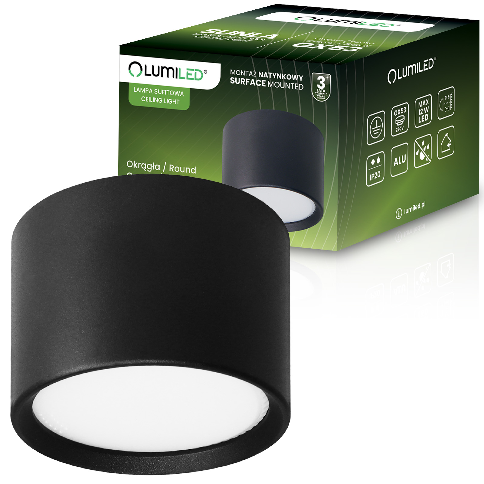Oprawa HALOGENOWA Natynkowa SUNLA Tuba Gx53 LED Spot Kinkiet Sufitowa Walec Czarny LUMILED - główne zdjęcie produktu