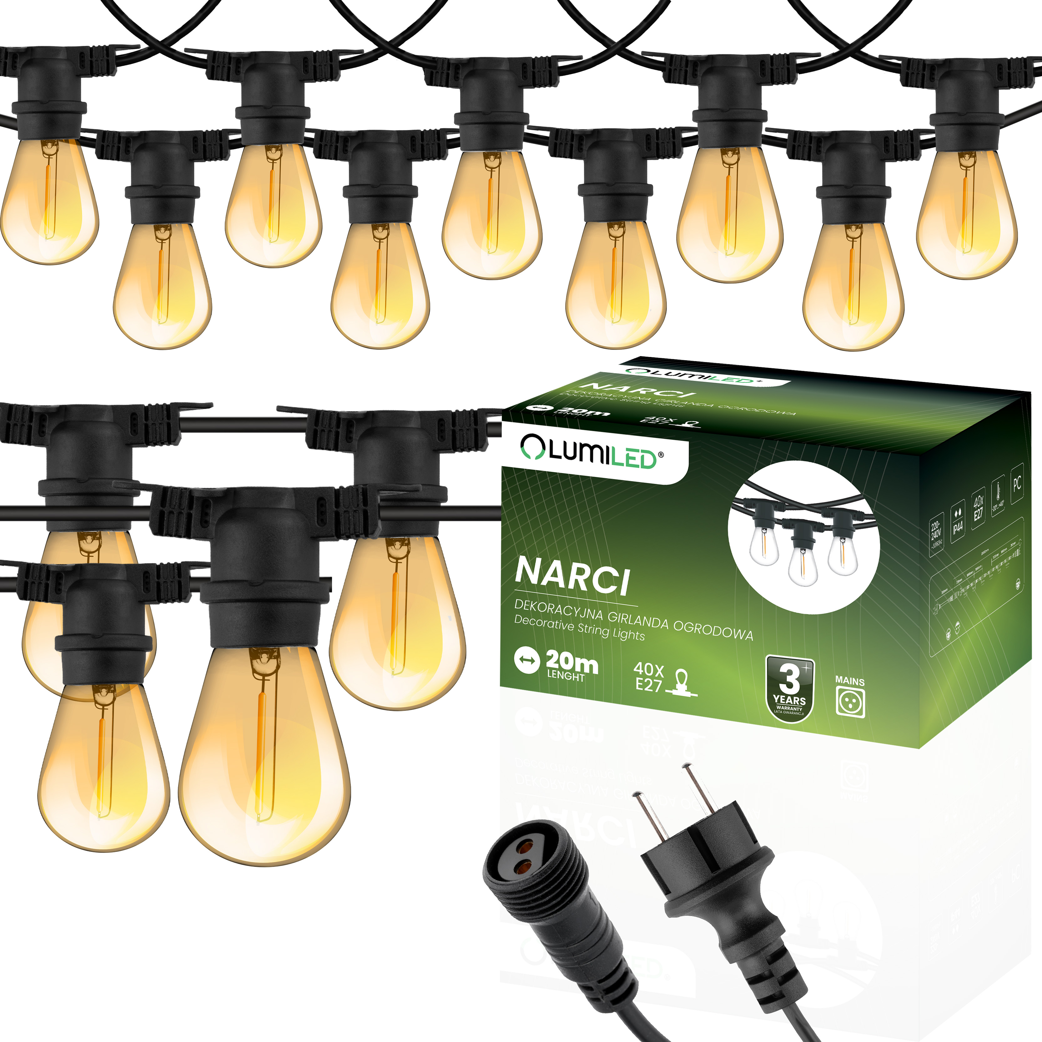 Girlanda Ogrodowa Zewnętrzna Łańcuch Świetlny 20m 40x E27 Żarówki 1,3W 2200K NARCI Lumiled - główne zdjęcie produktu