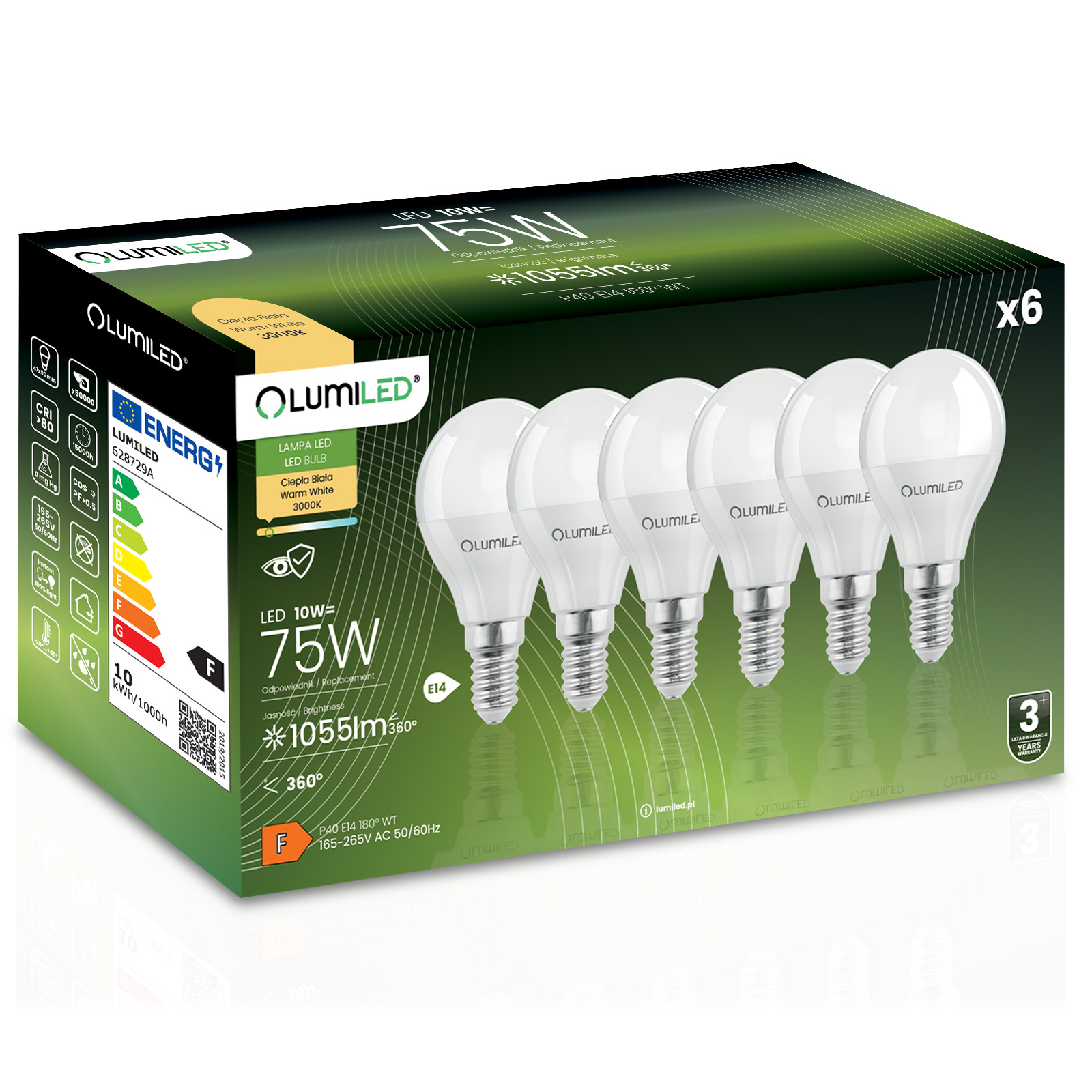 6x Żarówka LED E14 Kulka P45 10W = 75W 1055lm 3000K Ciepła 180° LUMILED - główne zdjęcie produktu