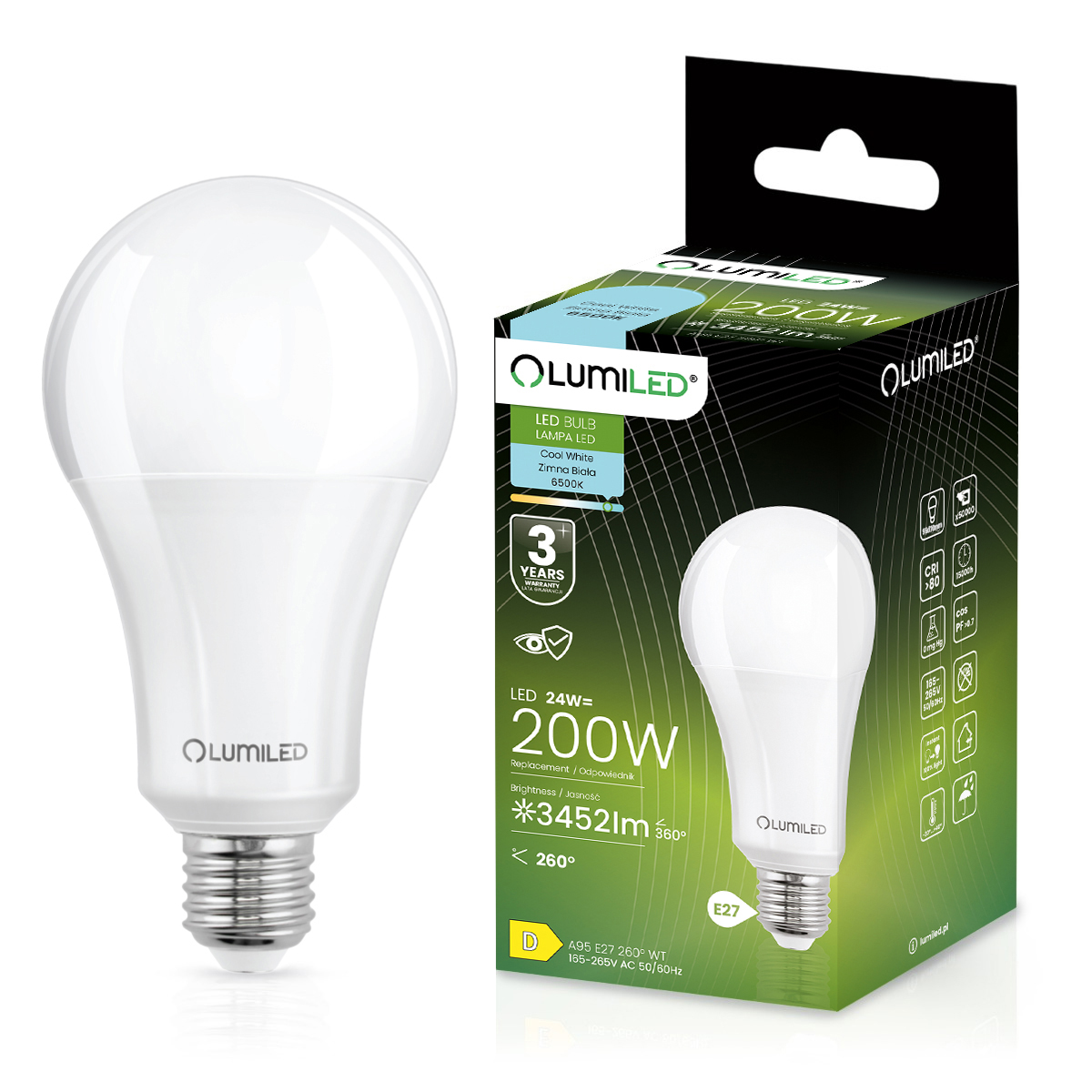 Żarówka LED E27 A60 24W = 200W 3452lm 6500K Zimna 260° LUMILED - główne zdjęcie produktu