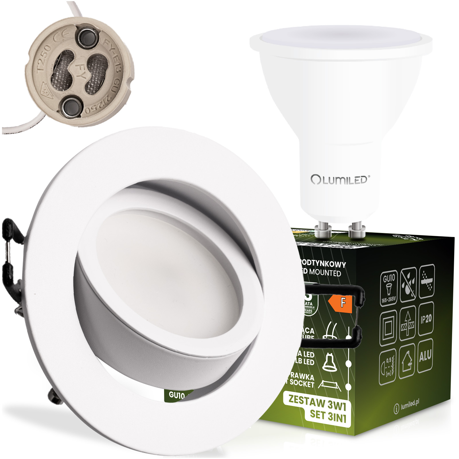 Oprawa Halogenowa Podtynkowa Sufitowa Okrągła Ruchoma TRIX 3w1 GU10 6W 3000K BIAŁY MAT LUMILED - główne zdjęcie produktu
