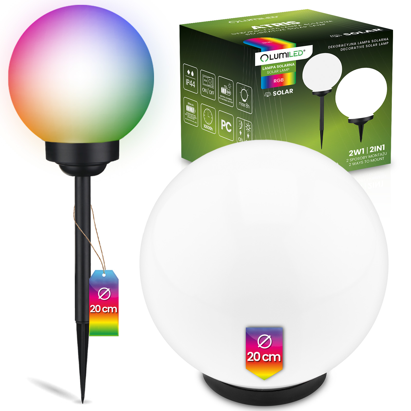 Lampa Solarna Ogrodowa LED ATRIS Wbijana Naziemna Biała Kula 20cm RGB LUMILED - główne zdjęcie produktu