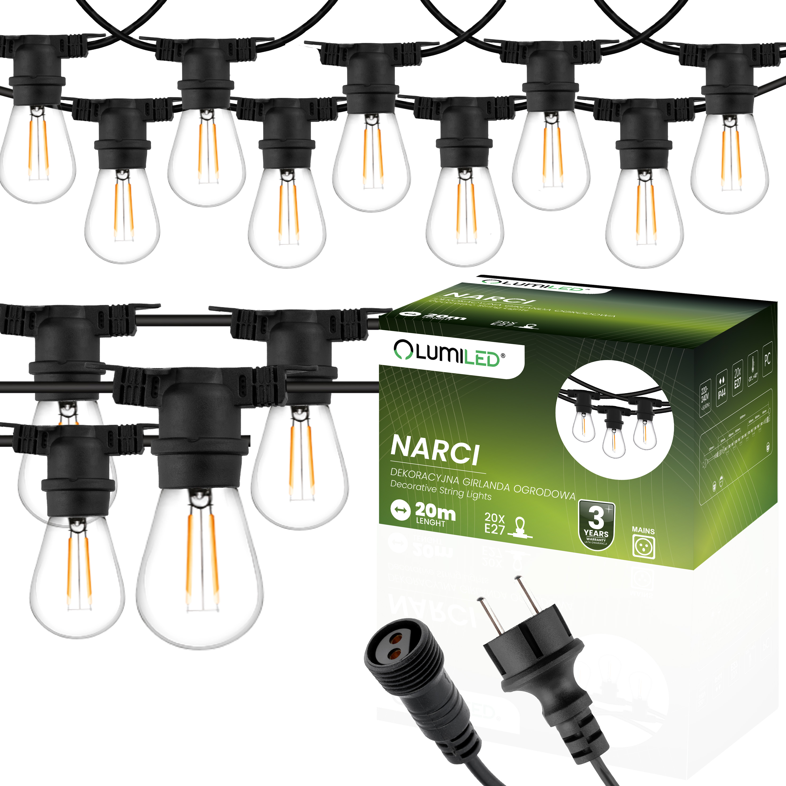 Girlanda Ogrodowa Zewnętrzna Łańcuch Świetlny 20m 20x E27 Żarówki 1W 2700K NARCI Lumiled - główne zdjęcie produktu