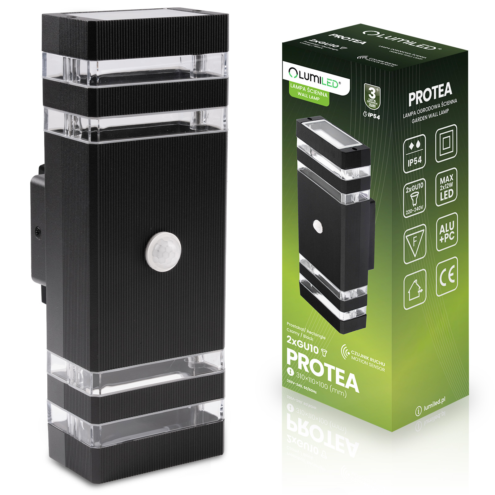 Lampa Ogrodowa Kinkiet Elewacyjny góra dół 2xGU10 Czarny Czujnik Ruchu IP54 PROTEA LUMILED - główne zdjęcie produktu