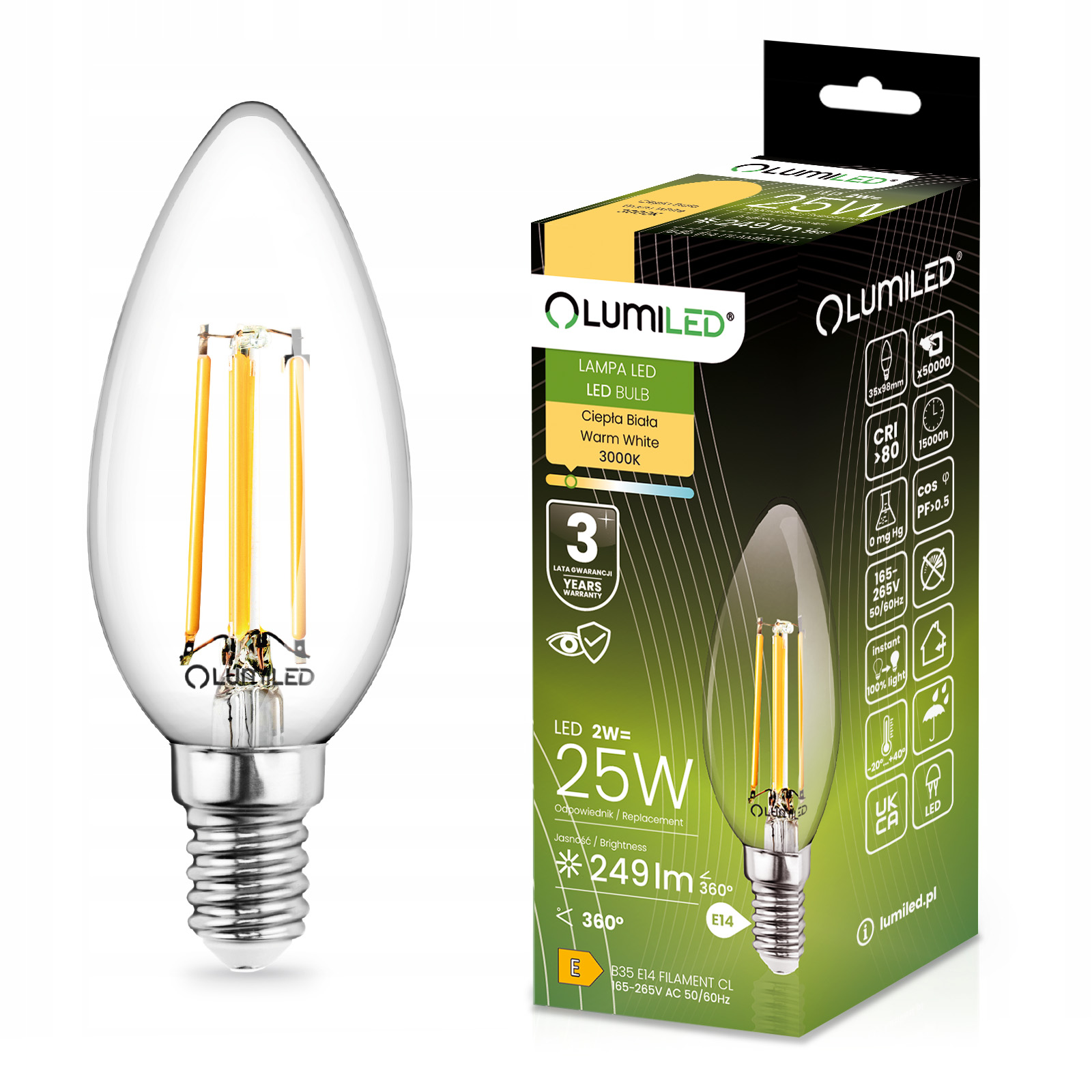 Żarówka LED E14 Świeczka B35 2W = 25W 249lm 3000K Ciepła 360° FILAMENT LUMILED - główne zdjęcie produktu