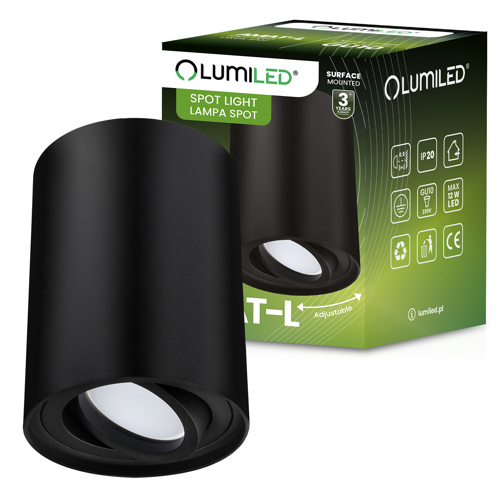 Oprawa Natynkowa HALOGENOWA Spot Tuba Ruchoma GU10 Okrągła Czarna 115mm AMAT-L LUMILED - główne zdjęcie produktu