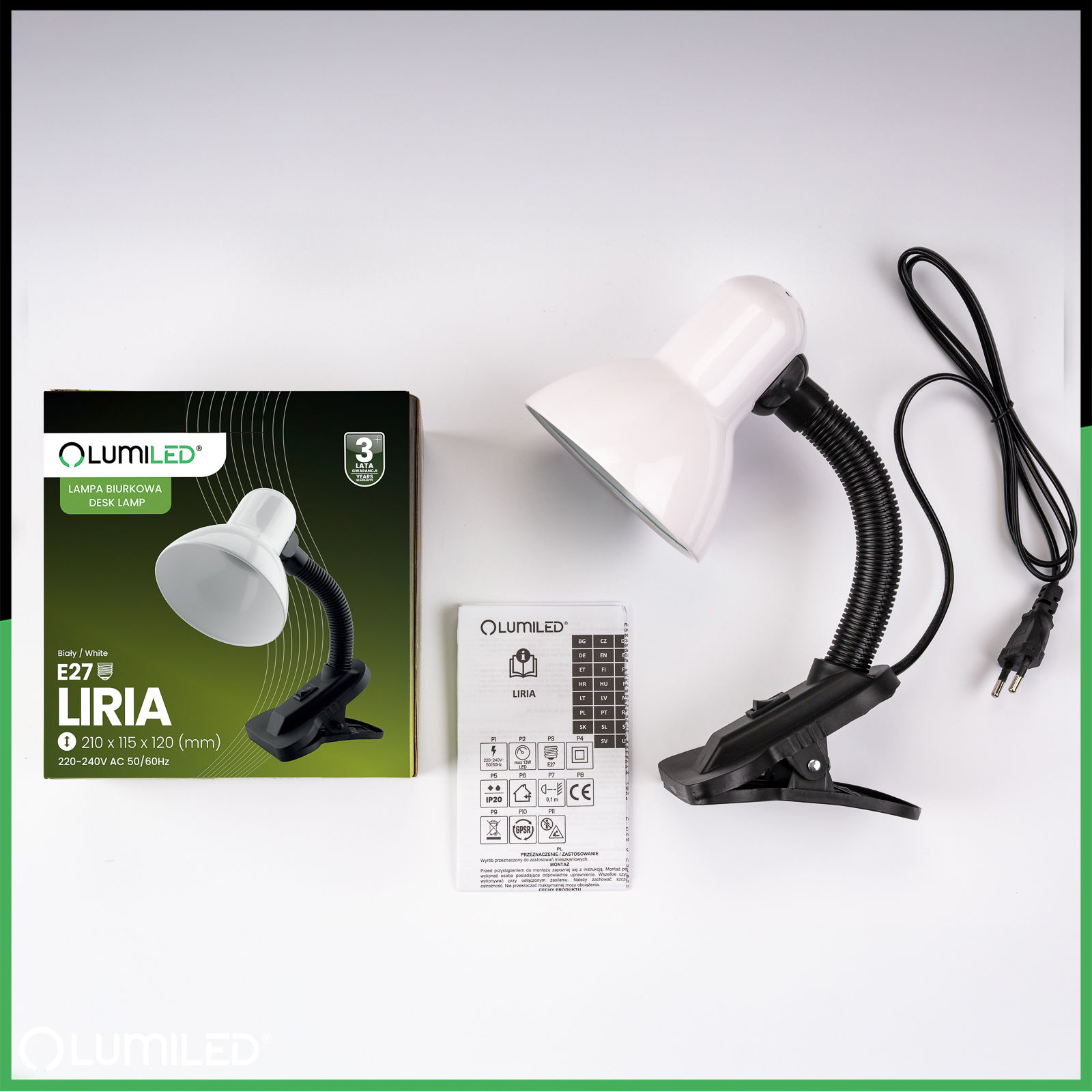 Lampka Biurkowa Stołowa Regulowana LIRIA Szkolna Nocna E27 Klips Biała LUMILED - skład produktu