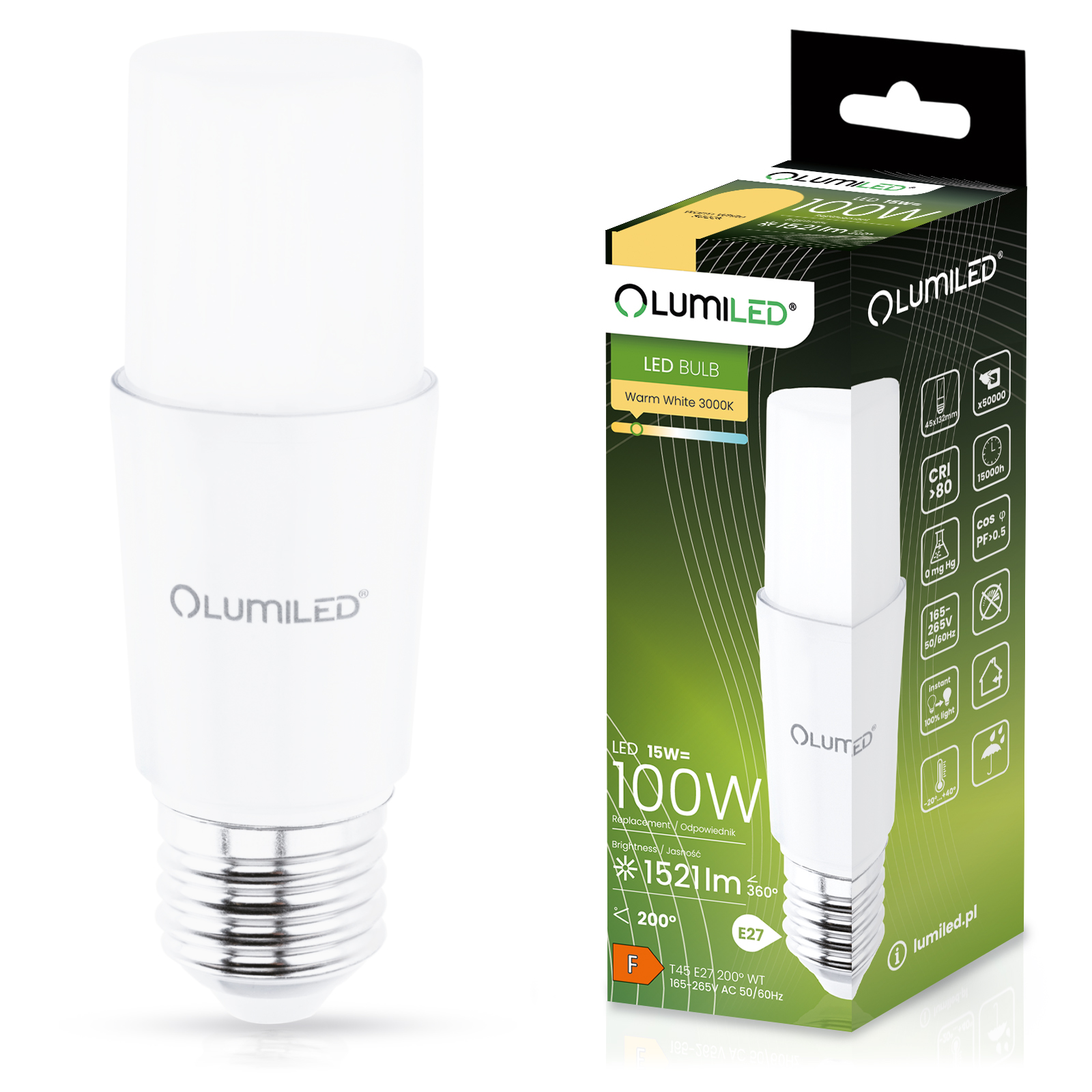 Żarówka LED E27 Tubularna T45 15W = 100W 1521lm 3000K Ciepła 200° LUMILED - główne zdjęcie produktu
