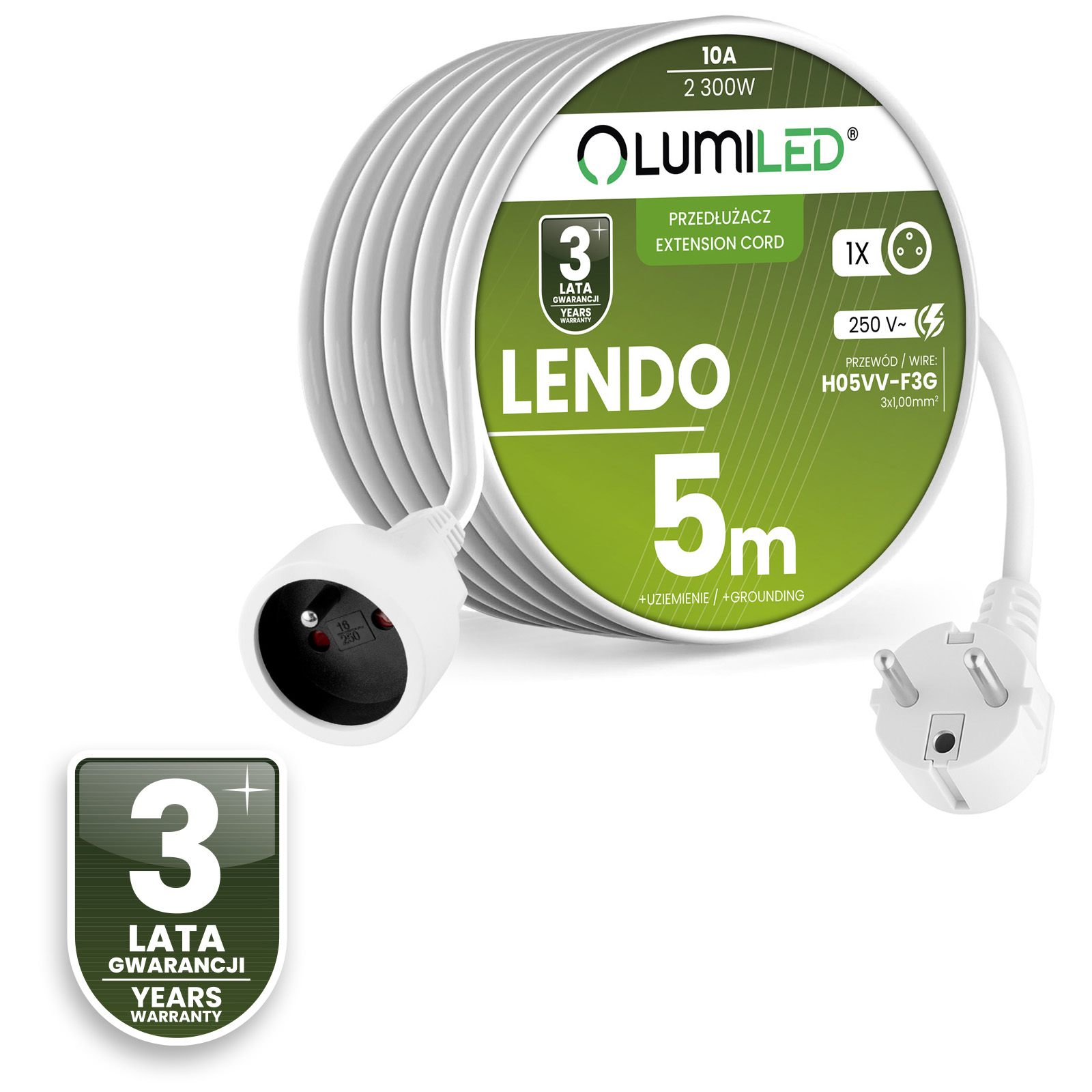 Przedłużacz Sieciowy Kabel z Uziemieniem Listwa Zasilająca 1 Gniazdo 5m Biały Sznur Lendo Lumiled - czwarta cecha produktu