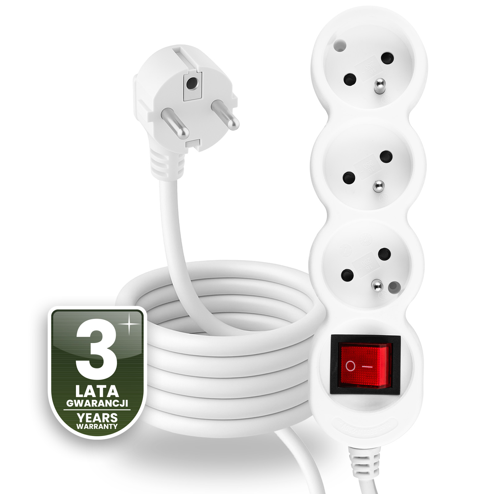 Przedłużacz Sieciowy Kabel z Uziemieniem Listwa Zasilająca 3 Gniazda 3m Włącznik ON/OFF Biały Sznur Lendo Lumiled - czwarta cecha produktu