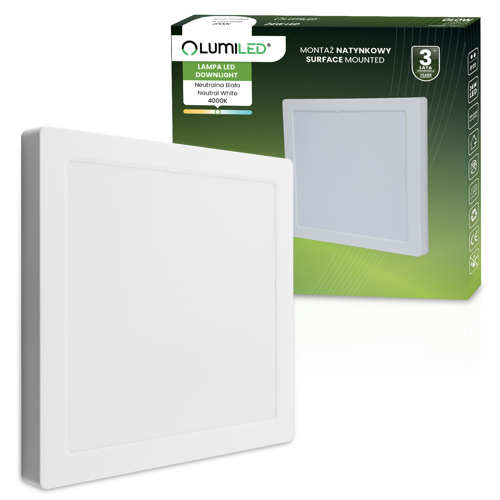Oprawa Natynkowa Lampa LED Sufitowa 24W Kwadrat 4000K GLOW Biała LUMILED - główne zdjęcie produktu