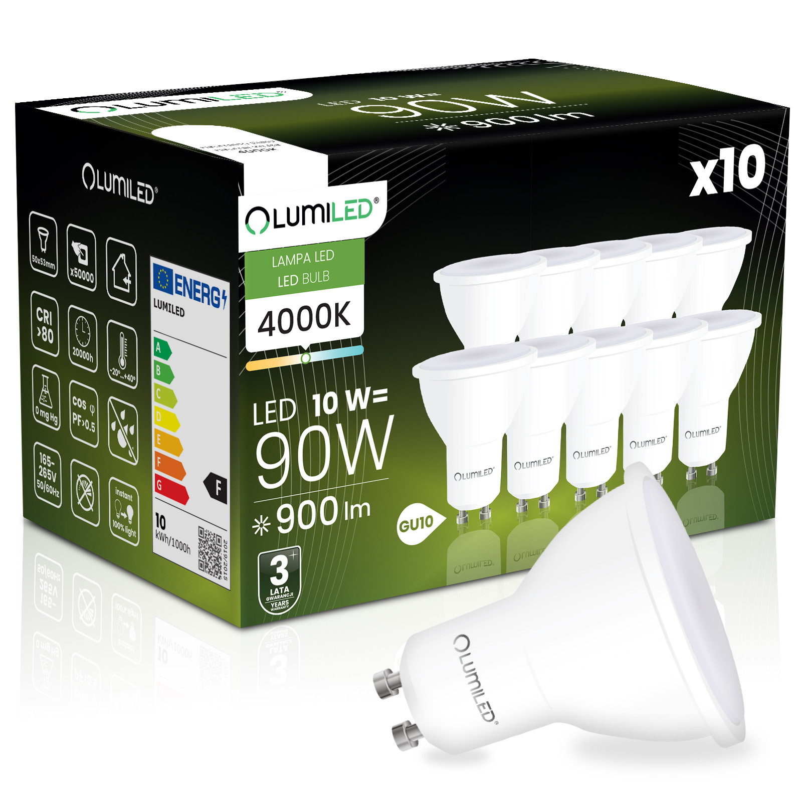 10x Żarówka LED GU10 Reflektor PAR16 10W = 90W 900lm 4000K Neutralna 120° LUMILED - główne zdjęcie produktu