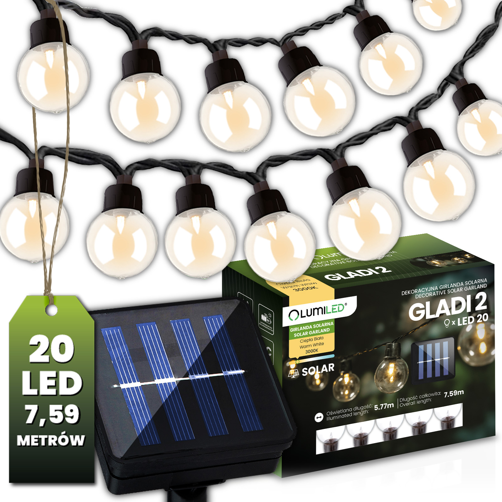 Girlanda Solarna Ogrodowa 20x LED Ozdobne Kuleczki 7,5m Ciepła 3000K GLADI 2 LUMILED - główne zdjęcie produktu