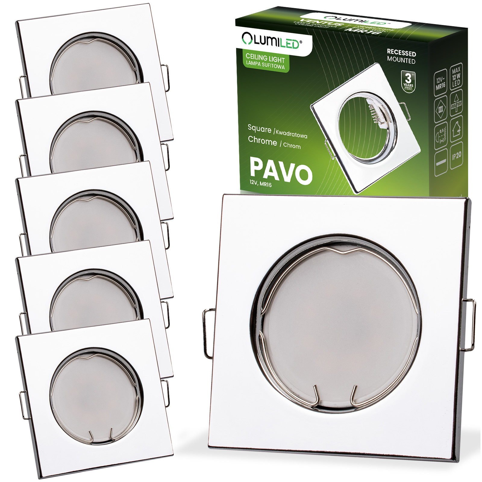 6x Oprawa Halogenowa Podtynkowa Stała Kwadrat PAVO Chrom Blacha MR16 GU10 LUMILED - główne zdjęcie produktu