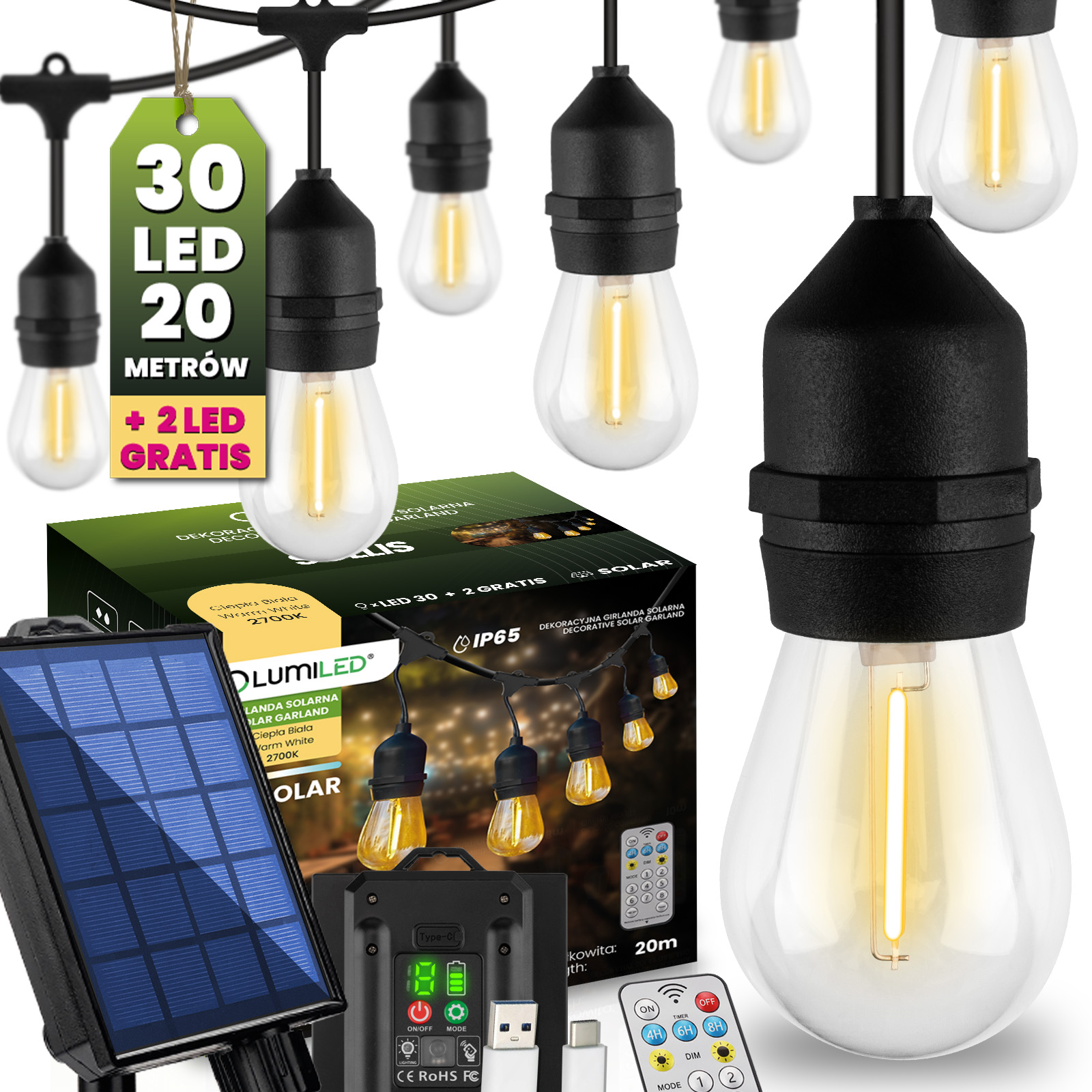 Girlanda Solarna Ogrodowa 15x  LED Ozdobne Żarówki 10m  + PILOT IP65 2700K Ciepła SOLLIS LUMILED - główne zdjęcie produktu